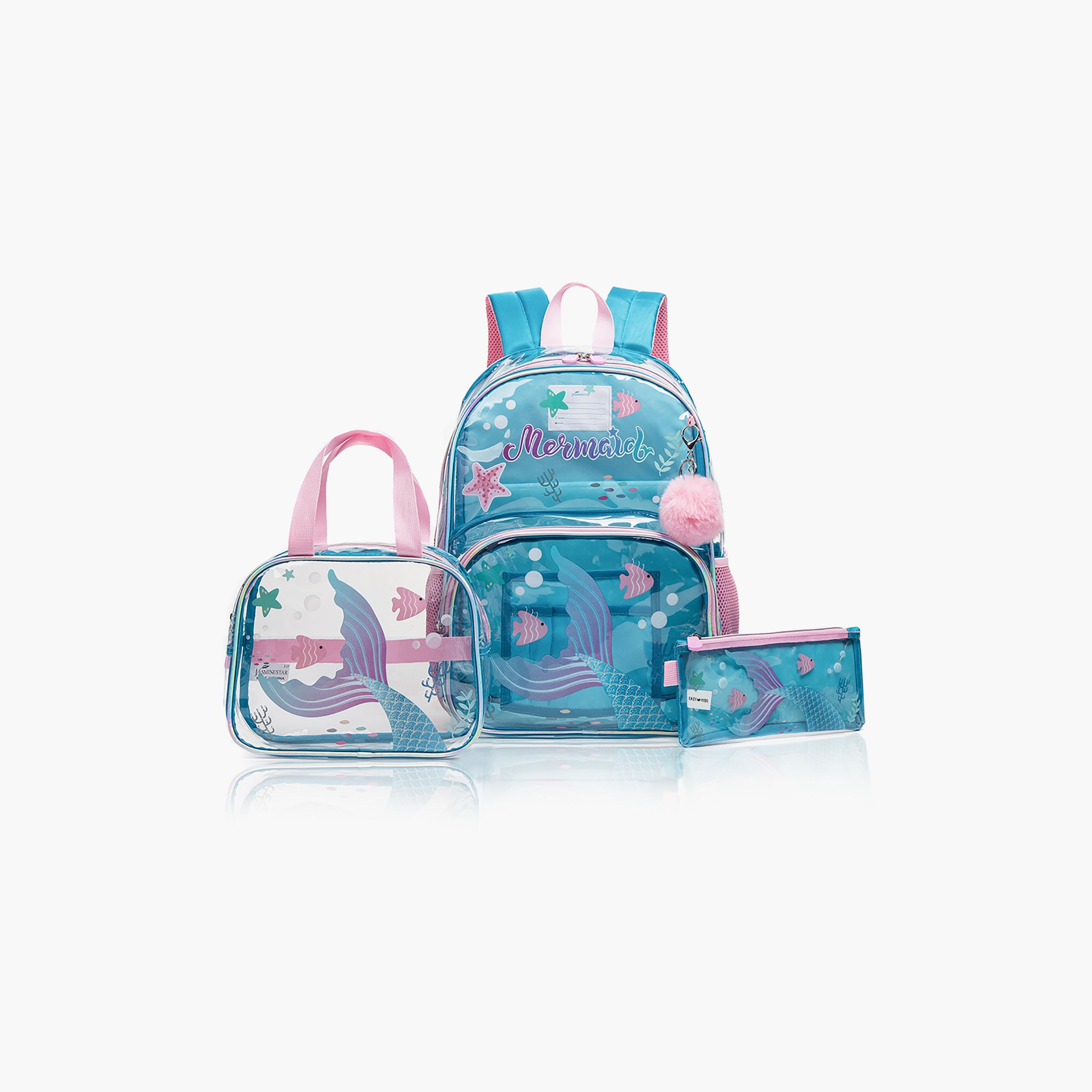 Eazy Kids 3-Piece 17Inch School Bag with Lunch Bag & Pencil Case, Mermaid, Blue-school-bagsandbackpacks-sets-image-1