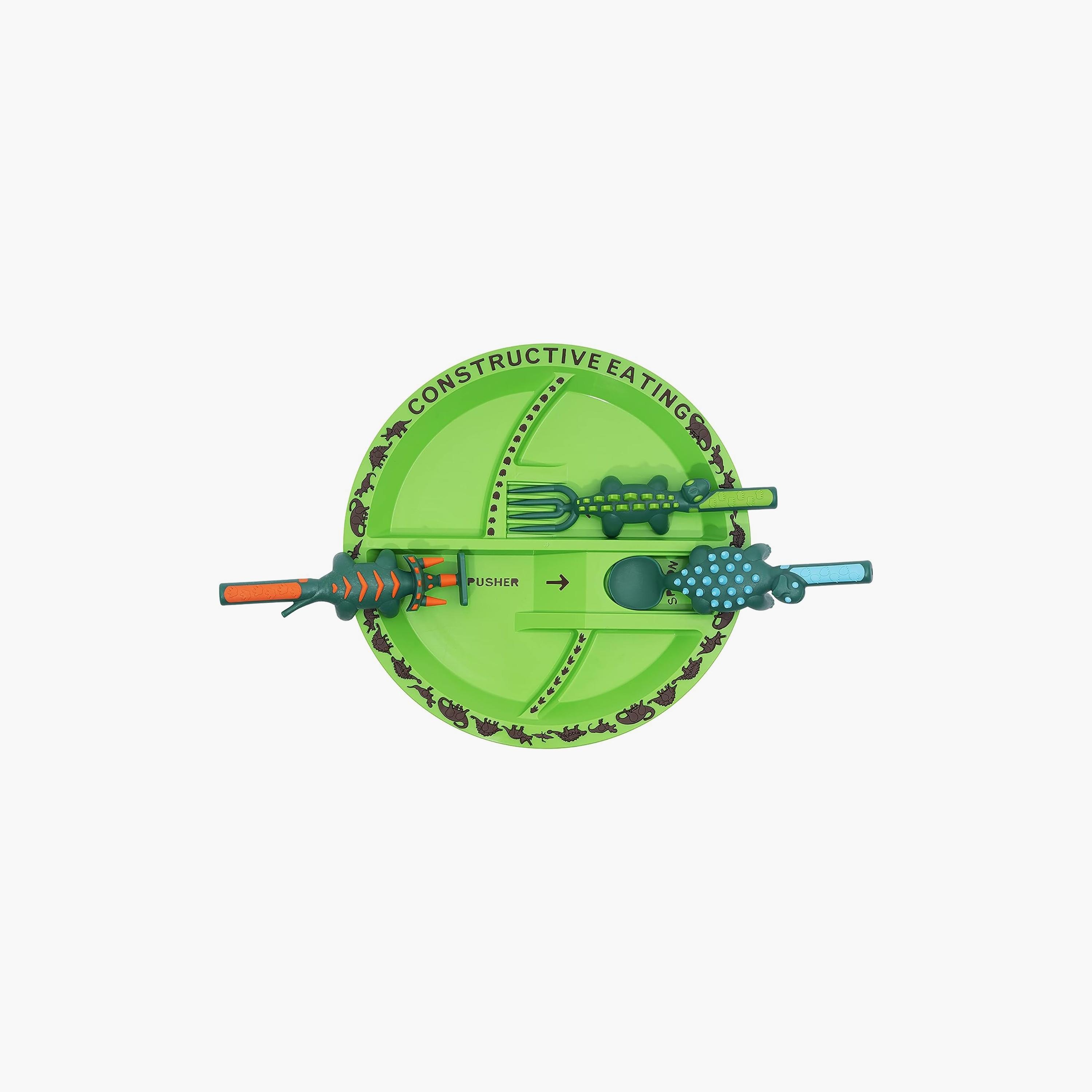 طبق مع ملعقة وشوكة وأداة دفع من إيزي كيدز، ديناصور، أرجواني-baby-feeding-mealtimeessentials-image-1