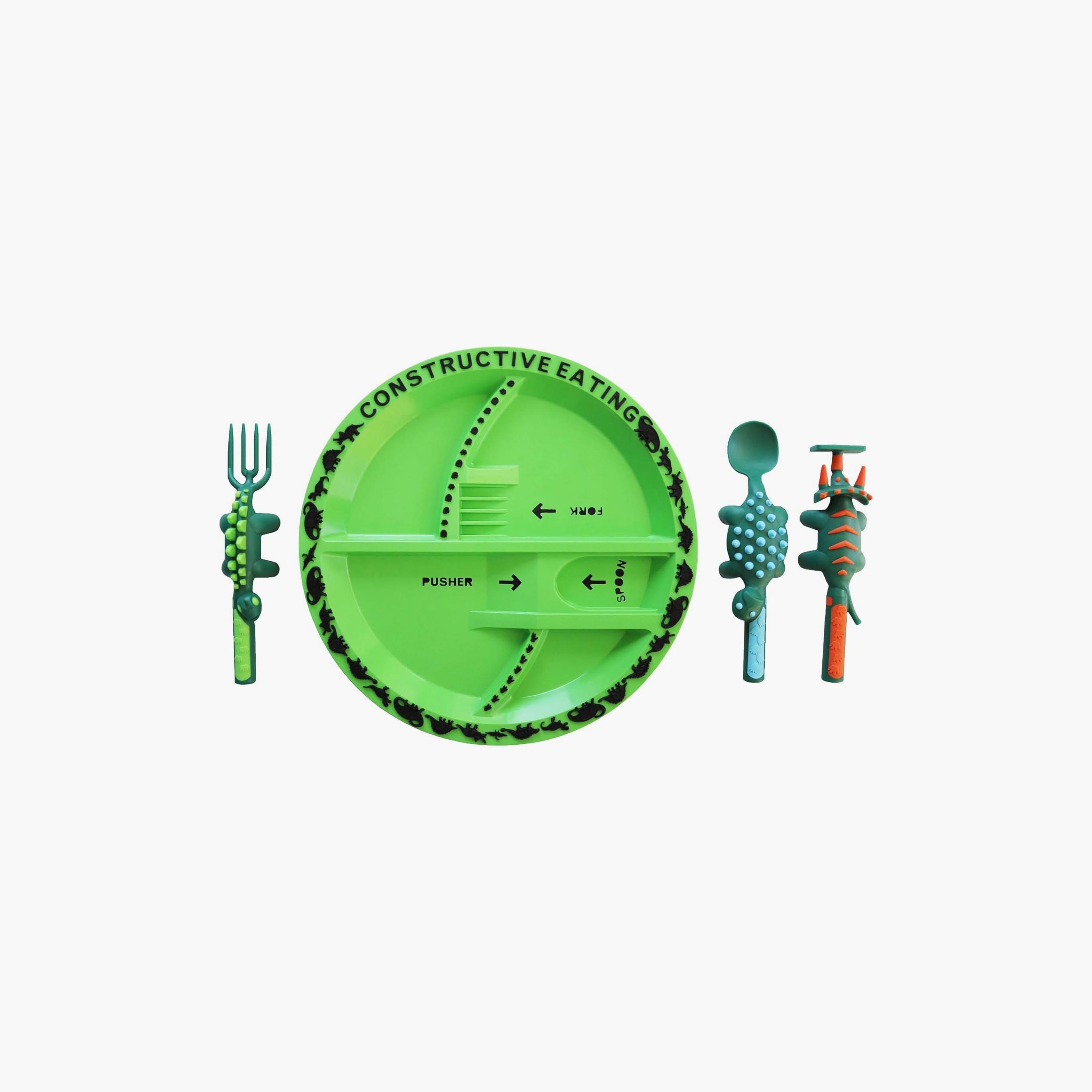طبق مع ملعقة وشوكة وأداة دفع من إيزي كيدز، ديناصور، أرجواني-baby-feeding-mealtimeessentials-image-3