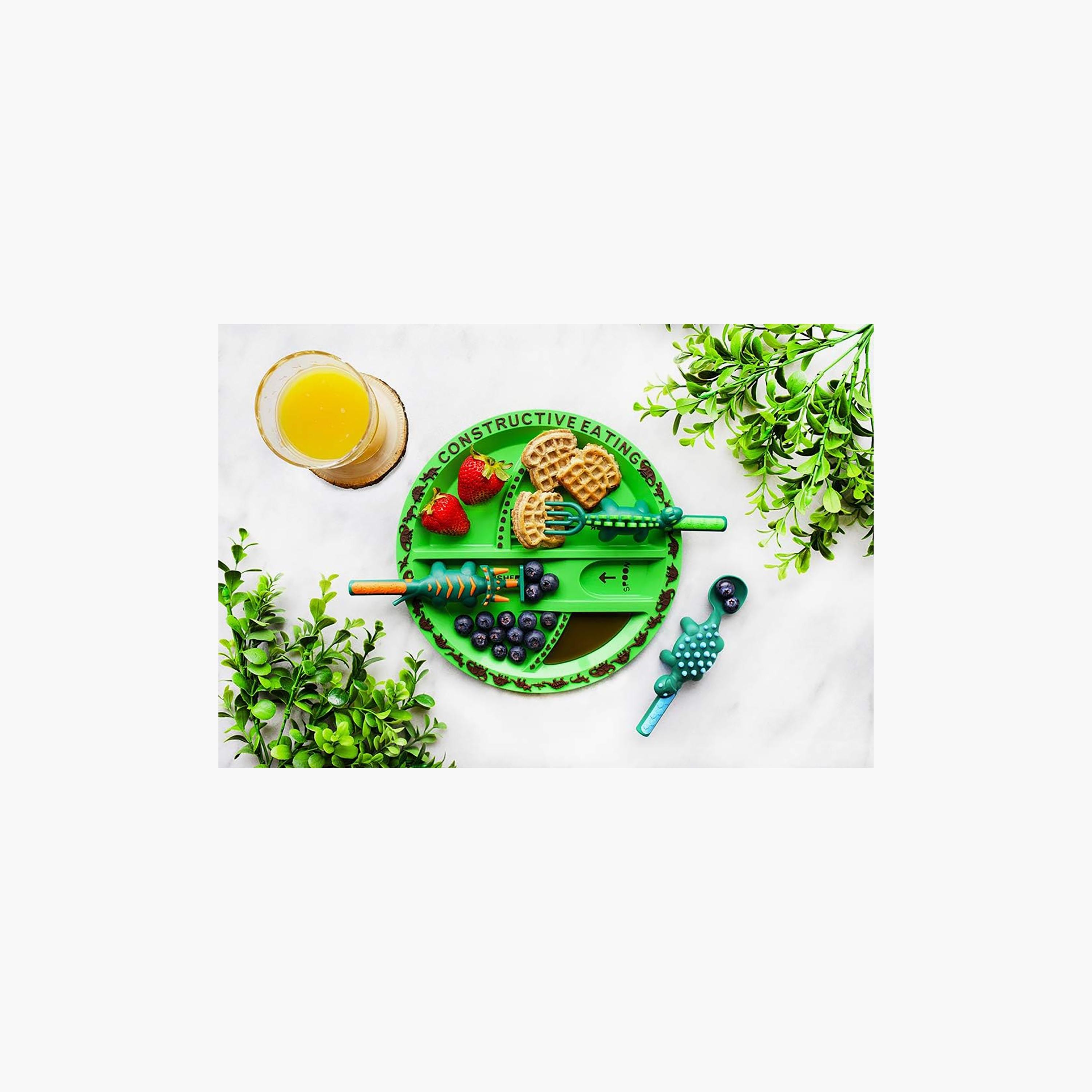 طبق مع ملعقة وشوكة وأداة دفع من إيزي كيدز، ديناصور، أرجواني-baby-feeding-mealtimeessentials-image-4
