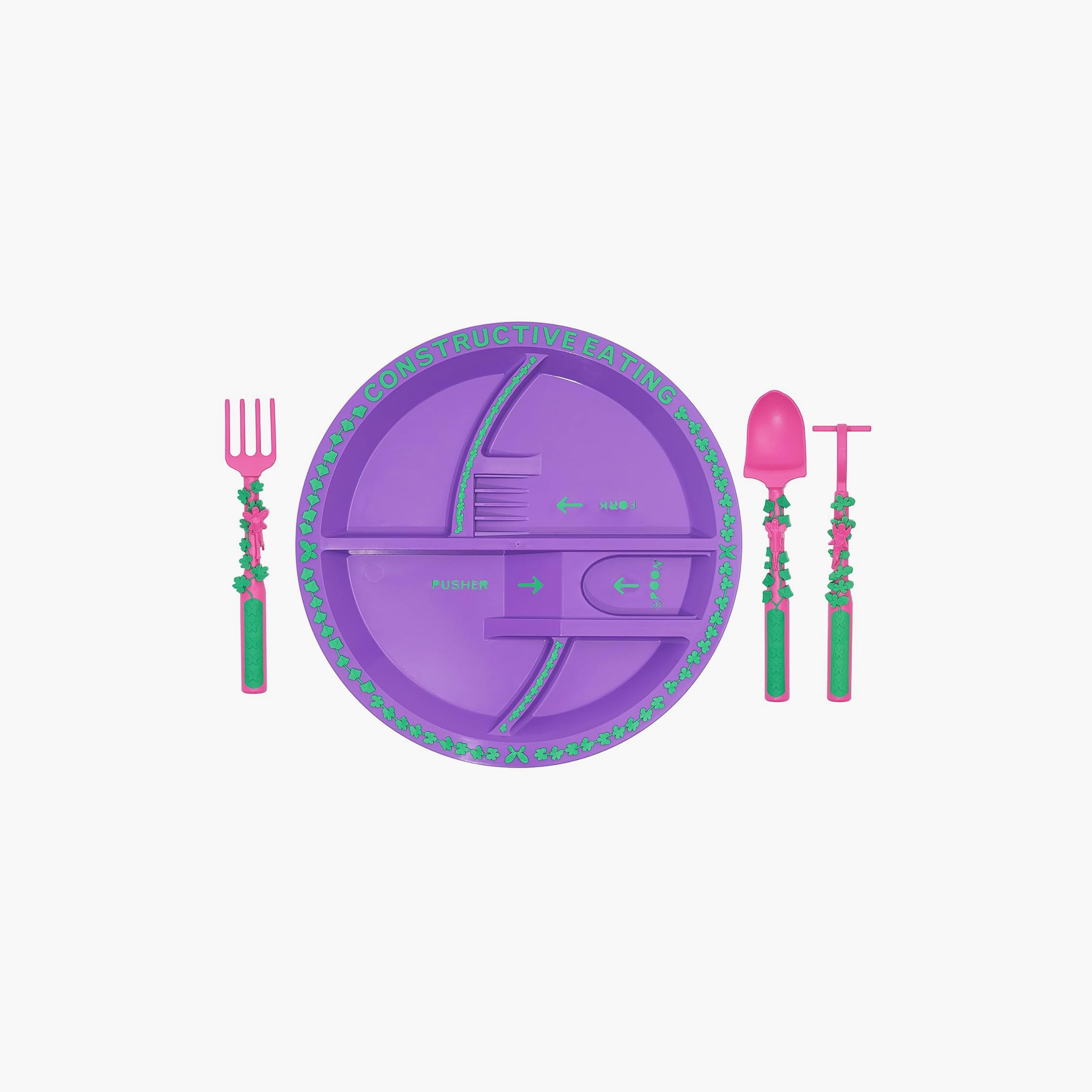 Eazy Kids Plate with Spoon, Fork & Pusher, Gardening, Purple-baby-feeding-mealtimeessentials-image-1
