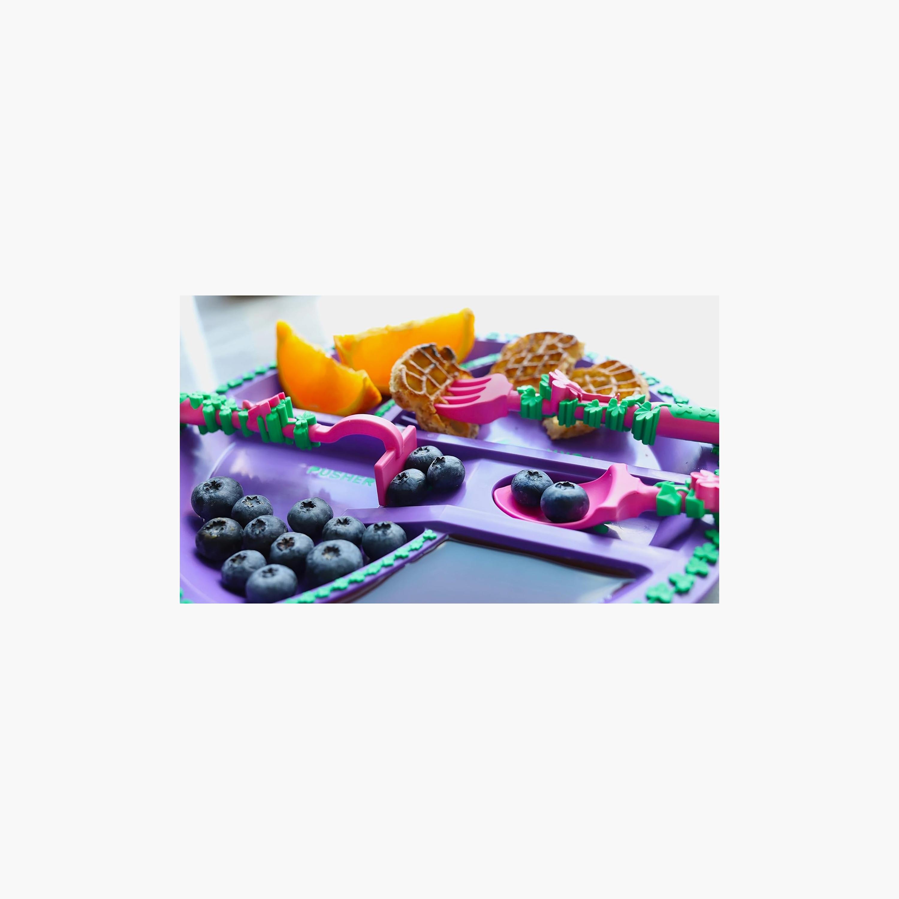 Eazy Kids Plate with Spoon, Fork & Pusher, Gardening, Purple-baby-feeding-mealtimeessentials-image-2