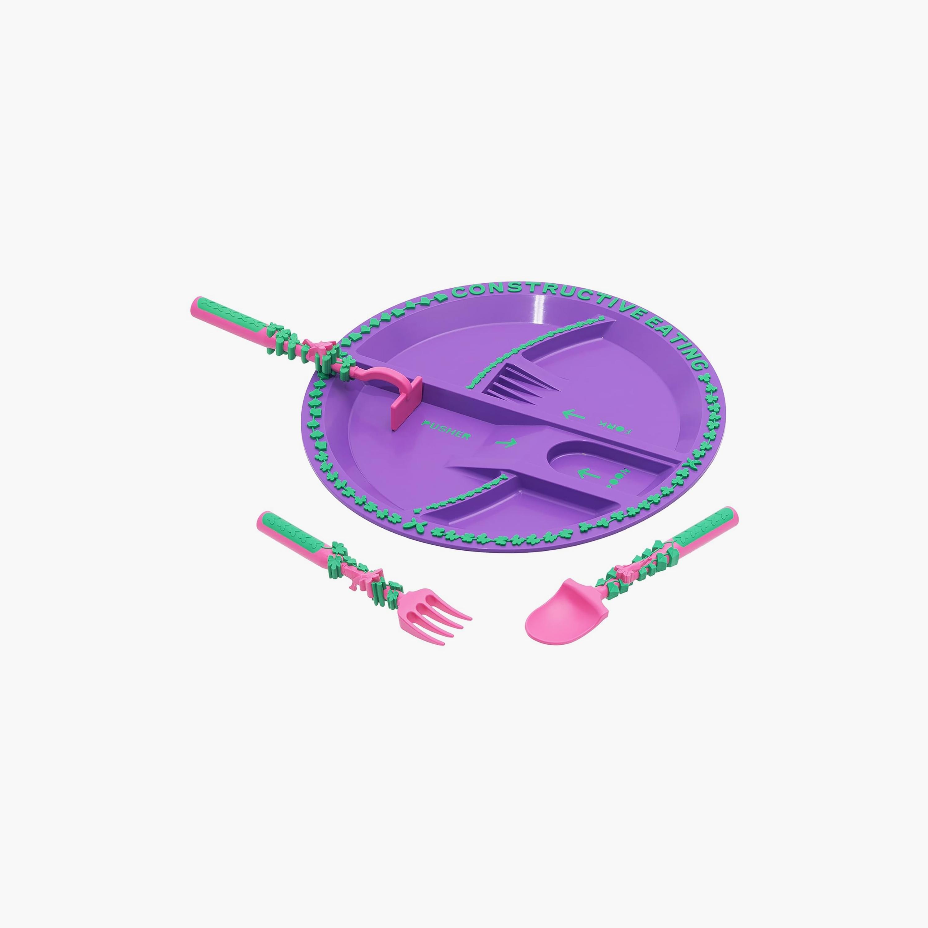 Eazy Kids Plate with Spoon, Fork & Pusher, Gardening, Purple-baby-feeding-mealtimeessentials-image-3