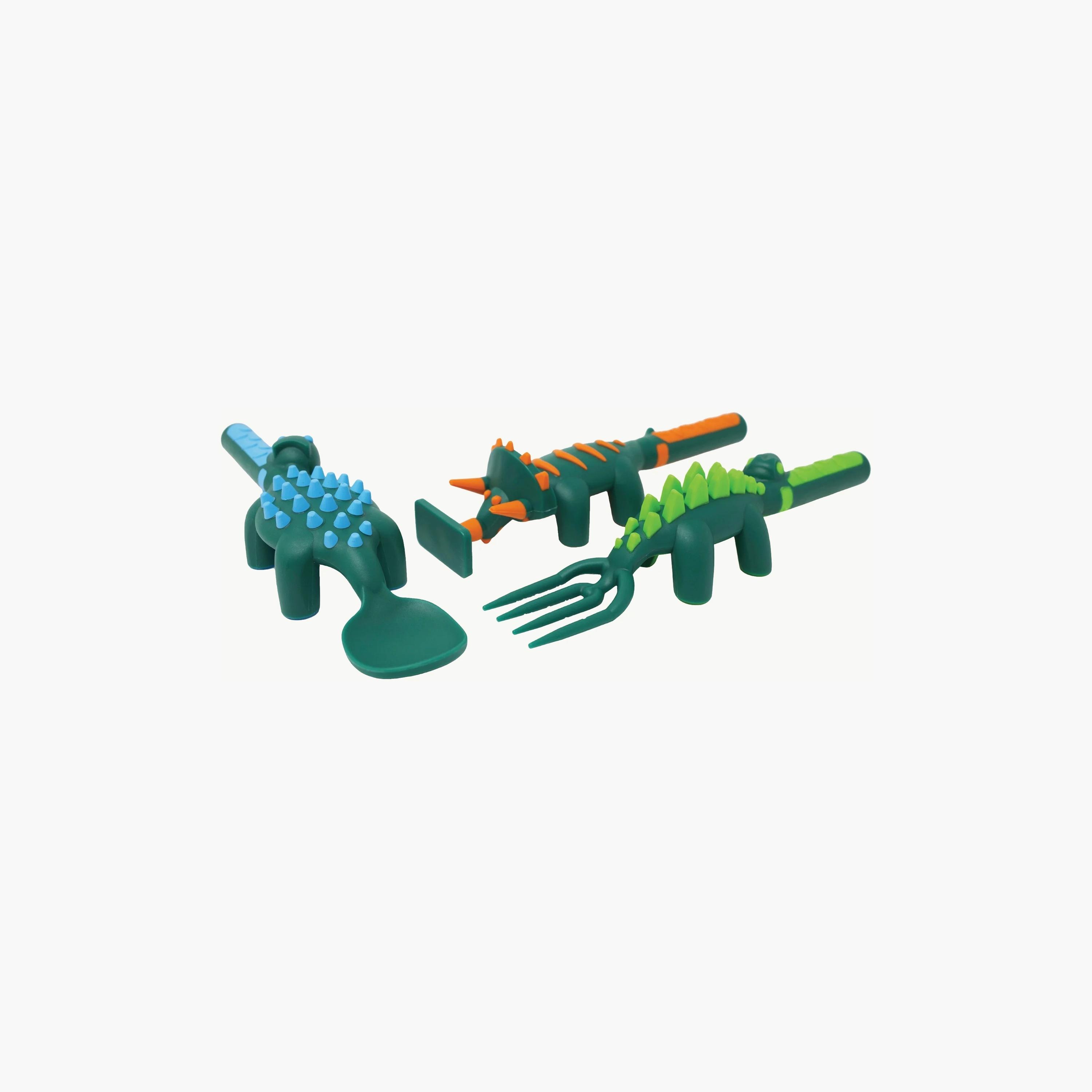 Eazy Kids Spoon, Fork & Pusher, Dinosaur, Dark Green-baby-feeding-mealtimeessentials-image-1