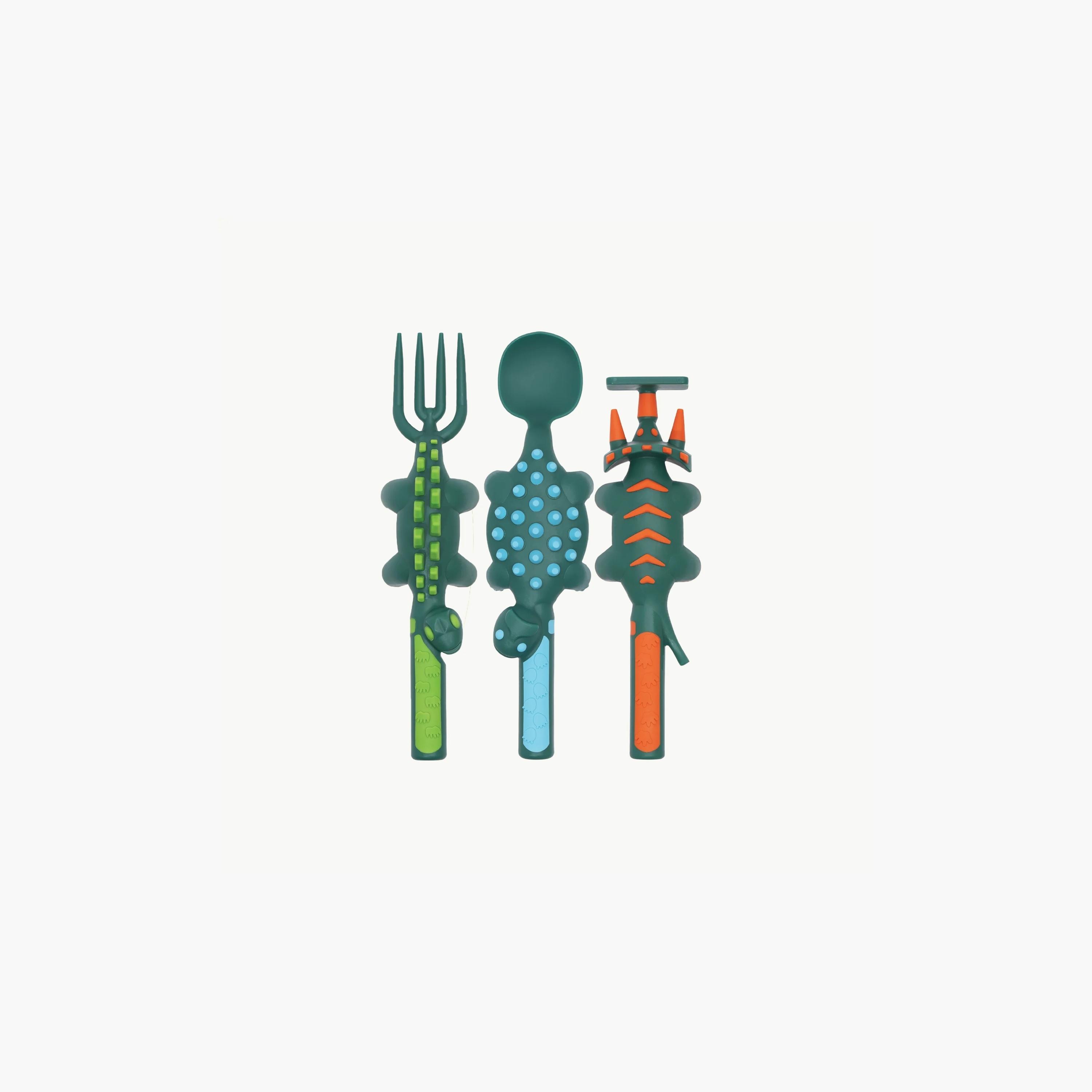 Eazy Kids Spoon, Fork & Pusher, Dinosaur, Dark Green-baby-feeding-mealtimeessentials-image-2