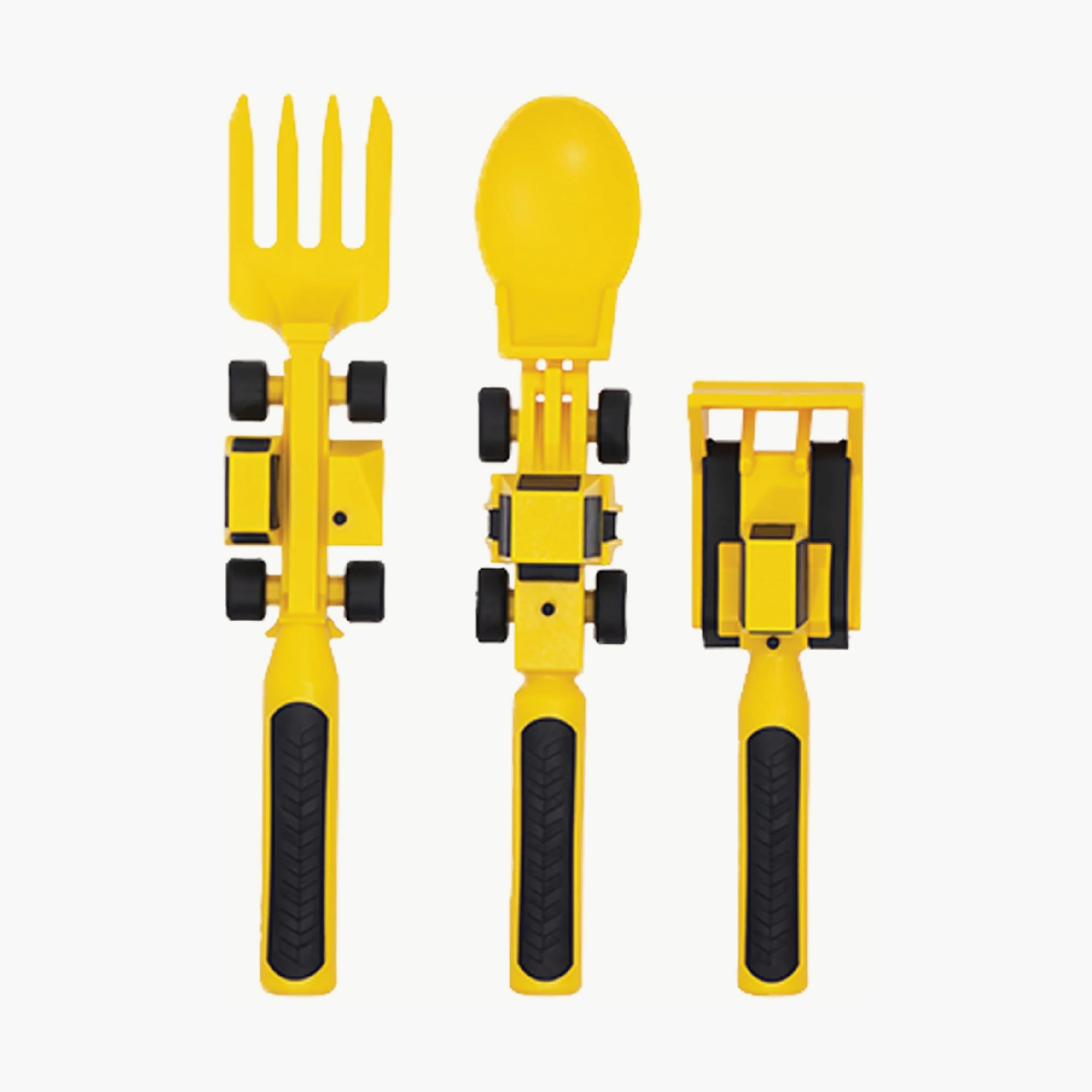 Eazy Kids Spoon, Fork & Pusher, Truck, Yellow-baby-feeding-mealtimeessentials-image-1