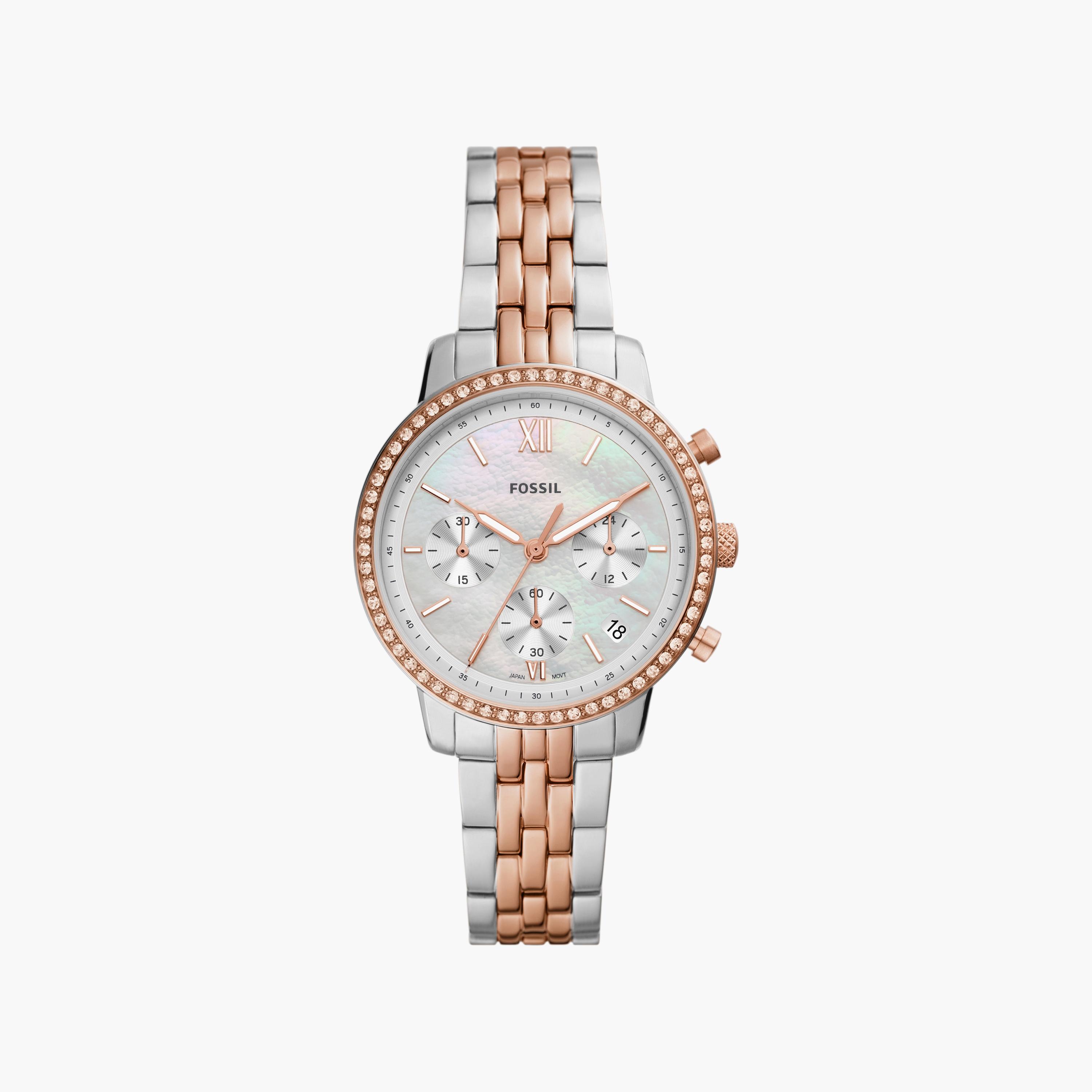 ساعة كرونوغراف فضية وذهبية وردية بسوار ستانلس ستيل مع 36 مم من فوسيل للنساء | ES5279-women-watchesandjewellery-watches-image-1