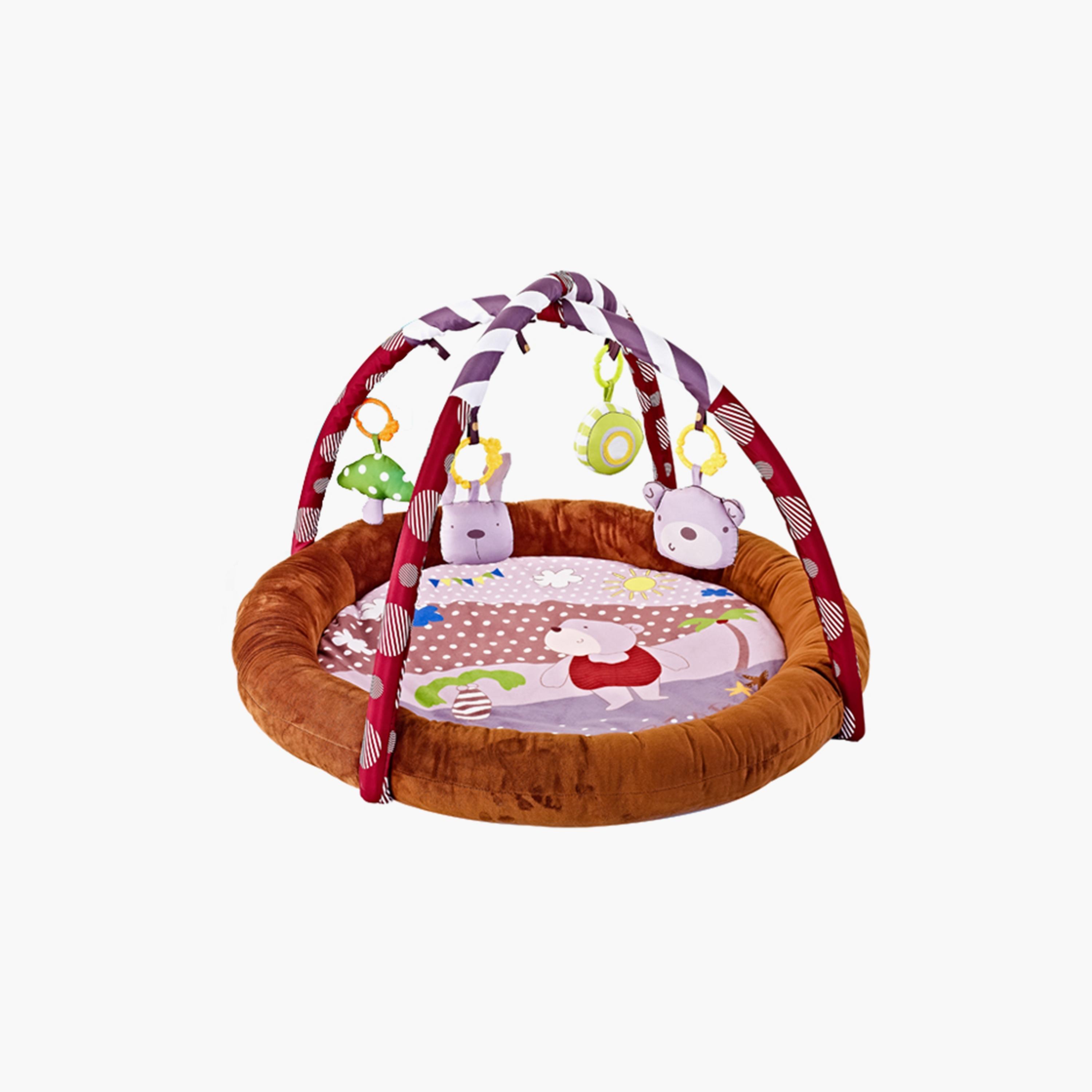 Little Angel Activity Gym Round Playmat with Hanging Rattle Toys, Bear, Brown-baby-infantactivity-playgyms-image-1