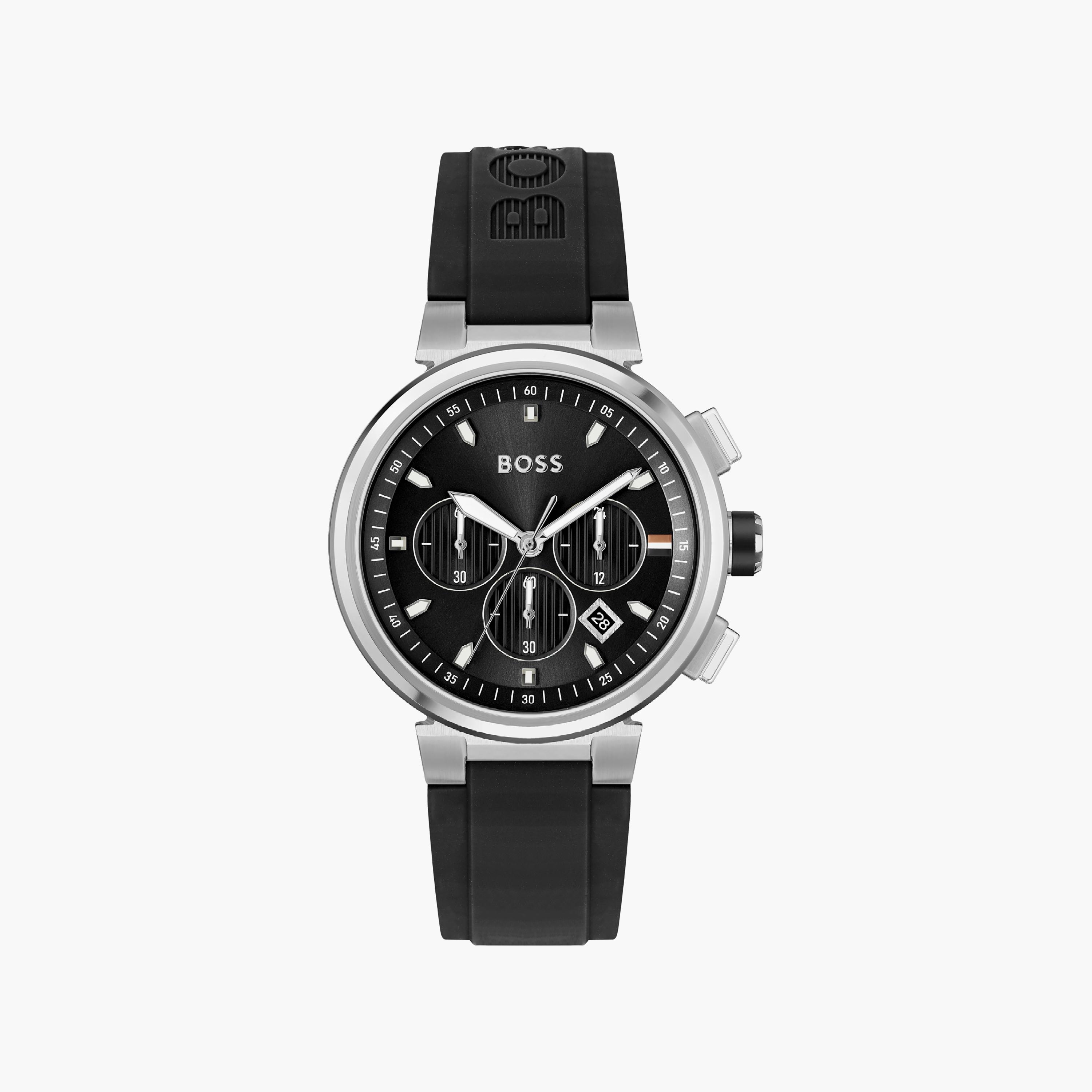 ساعة هيوغو بوس للرجال 44 ملم كرونوغراف سيليكون سوداء | 1513997-men-watchesandjewellery-watches-image-1