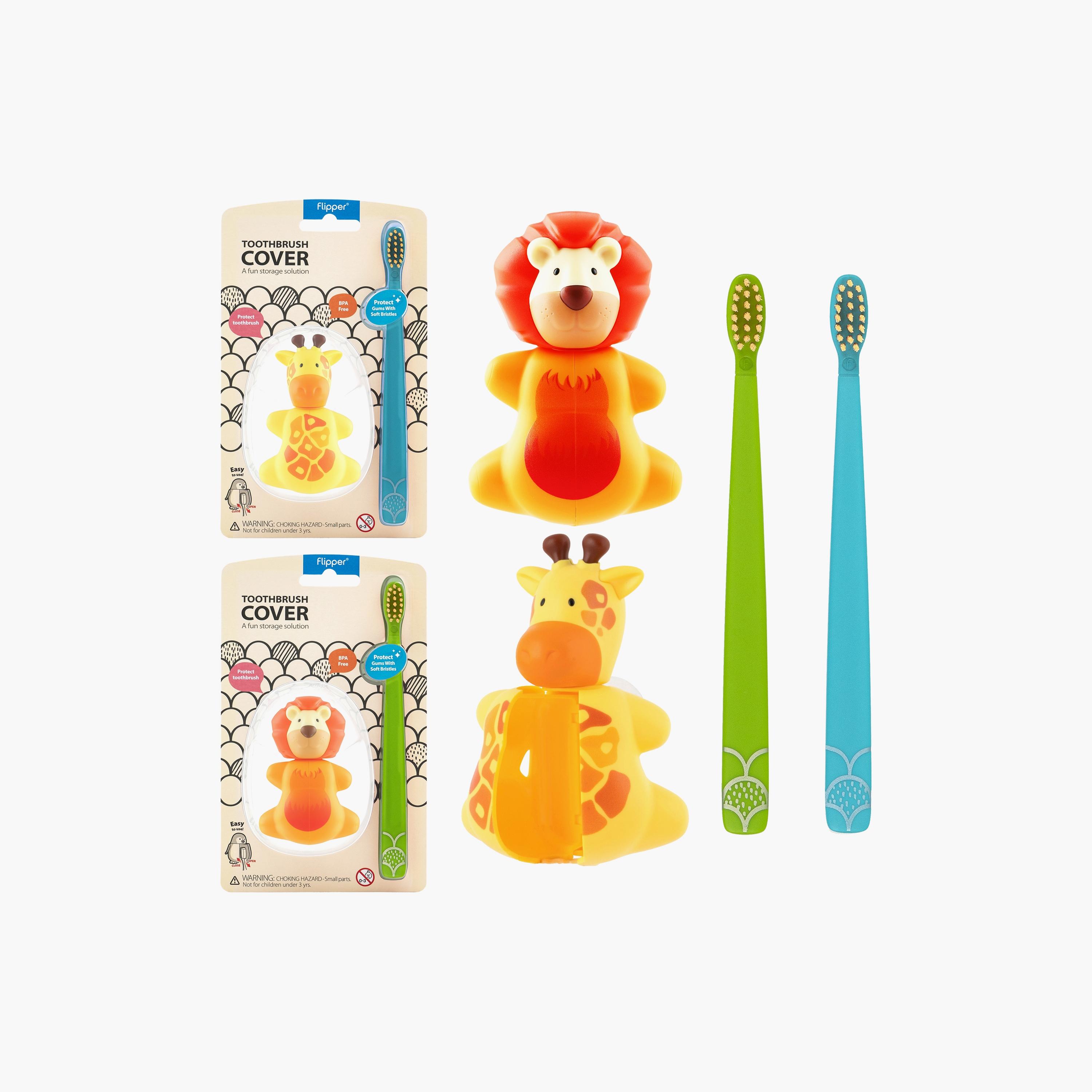 فرشاة أسنان صحية مع قطعتين من غطاء فرشاة الأسنان من فليبر، زرافة وأسد-baby-bathandcare-oralcare-image-1