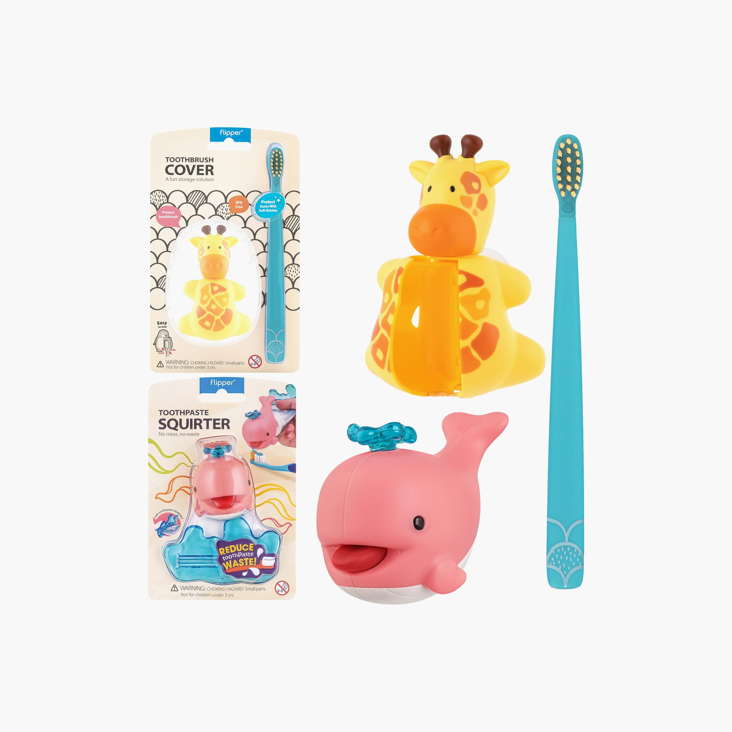 Flipper Toothbrush with Toothbrush Cover & Toothpaste Tube Squeezer, Giraffe & Pinki-baby-bathandcare-oralcare-image-1