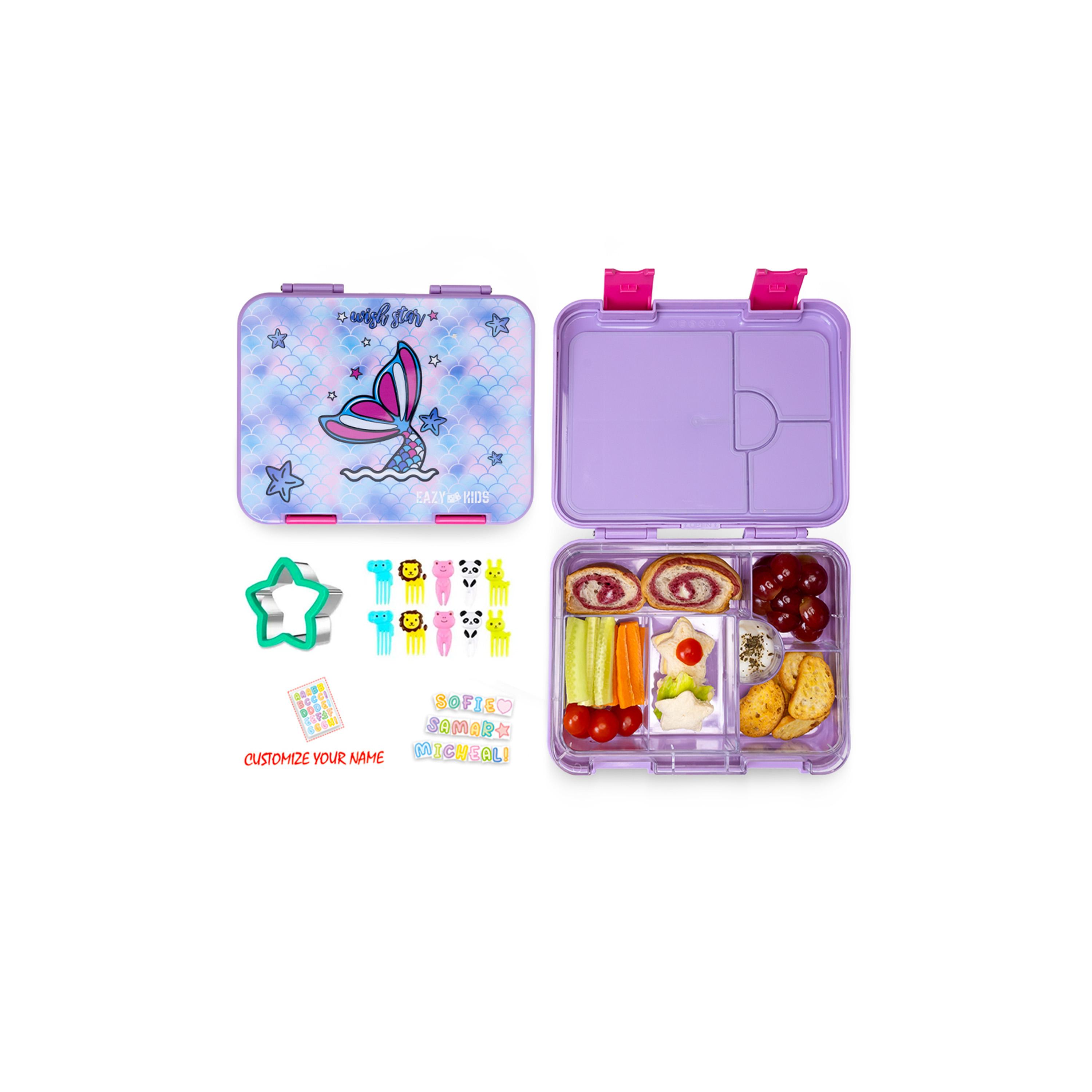 Eazy Kids 6 & 4 Convertible Bento Lunch Box with Sandwich Cutter Set, Mermaid, Purple-school-lunchessentials-lunchboxes-image-1