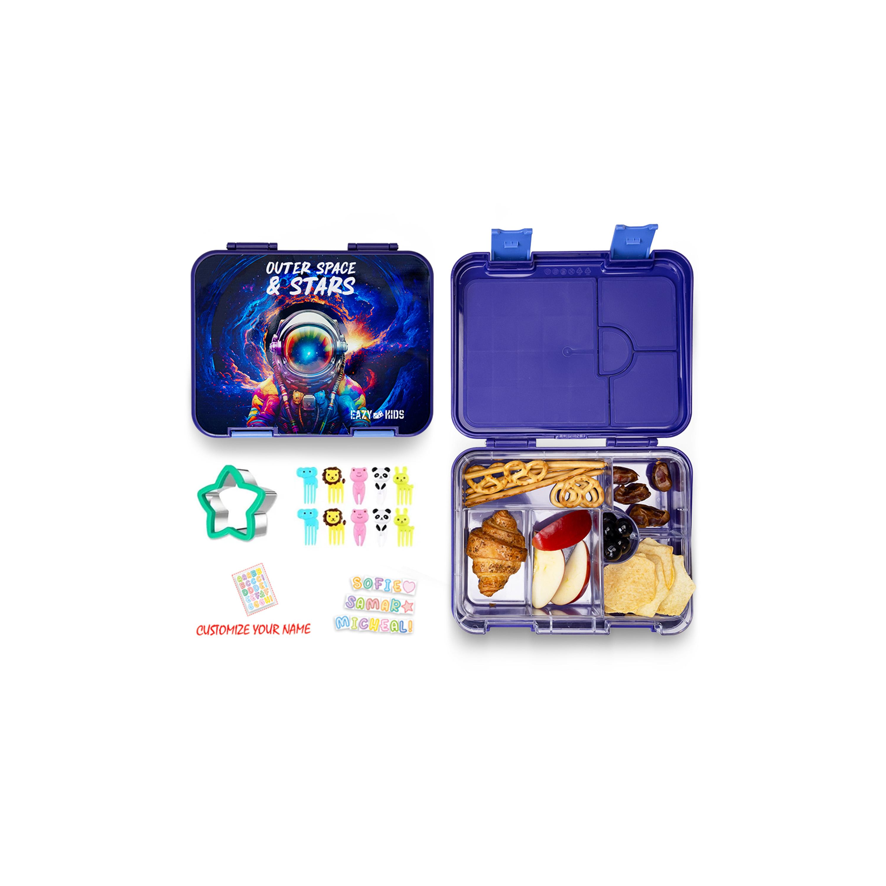 Eazy Kids 6 & 4 Convertible Bento Lunch Box with Sandwich Cutter Set, Outer Space, Blue-school-lunchessentials-lunchboxes-image-1