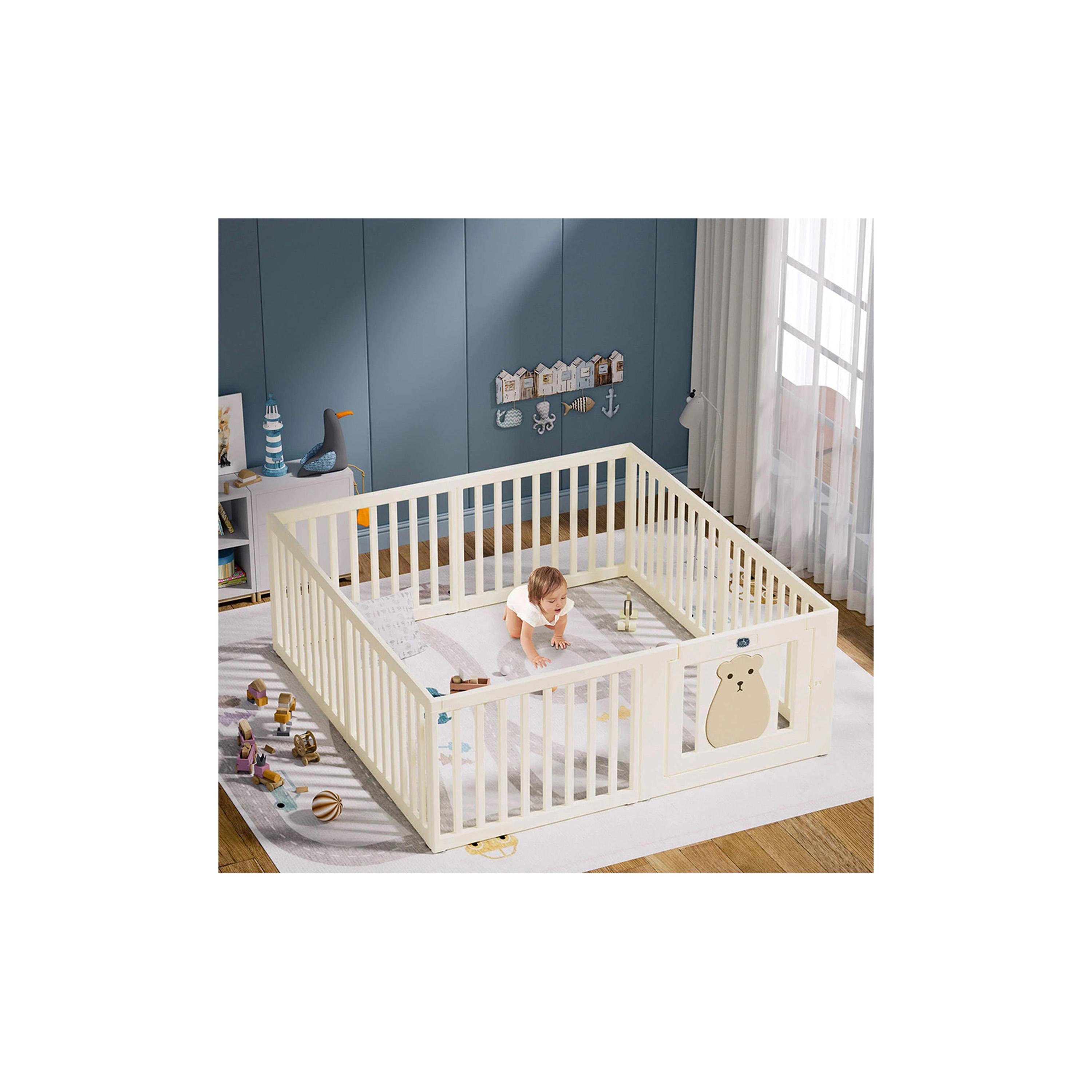 روضة أطفال محمولة مع باب من ليتل ستوري، دب، أبيض-baby-infantactivity-playpensandplaymats-image-4