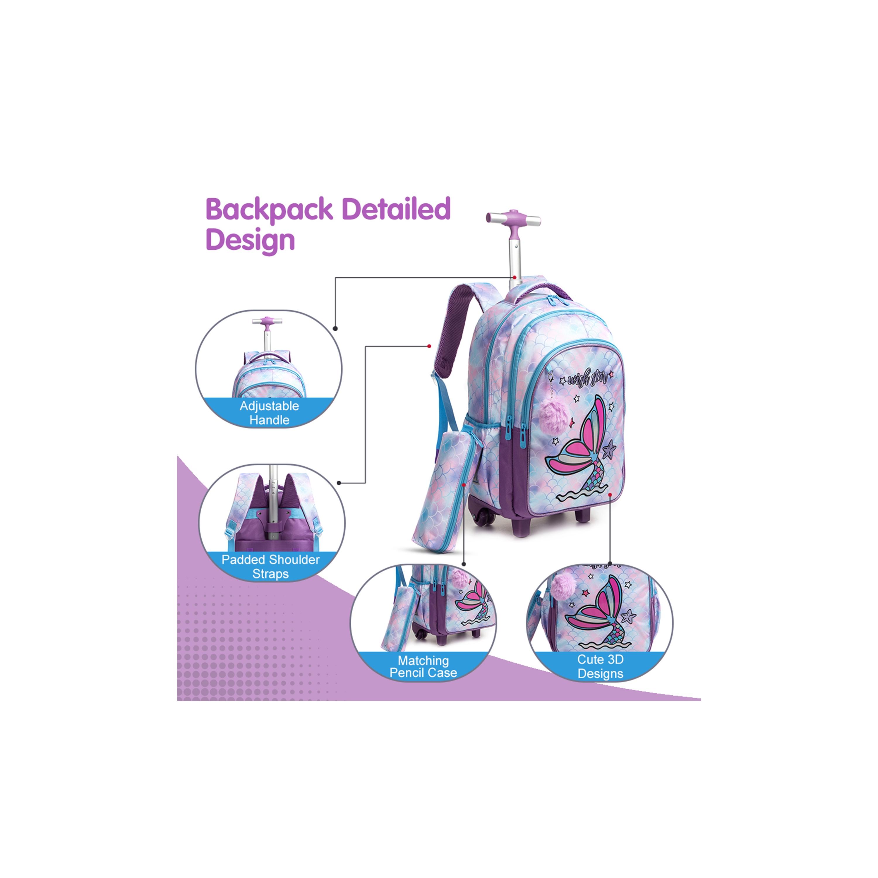 Eazy Kids Set of 5 Mermaid Printed Trolley School Bag Set - Purple - 18 Inch-school-bagsandbackpacks-sets-image-18