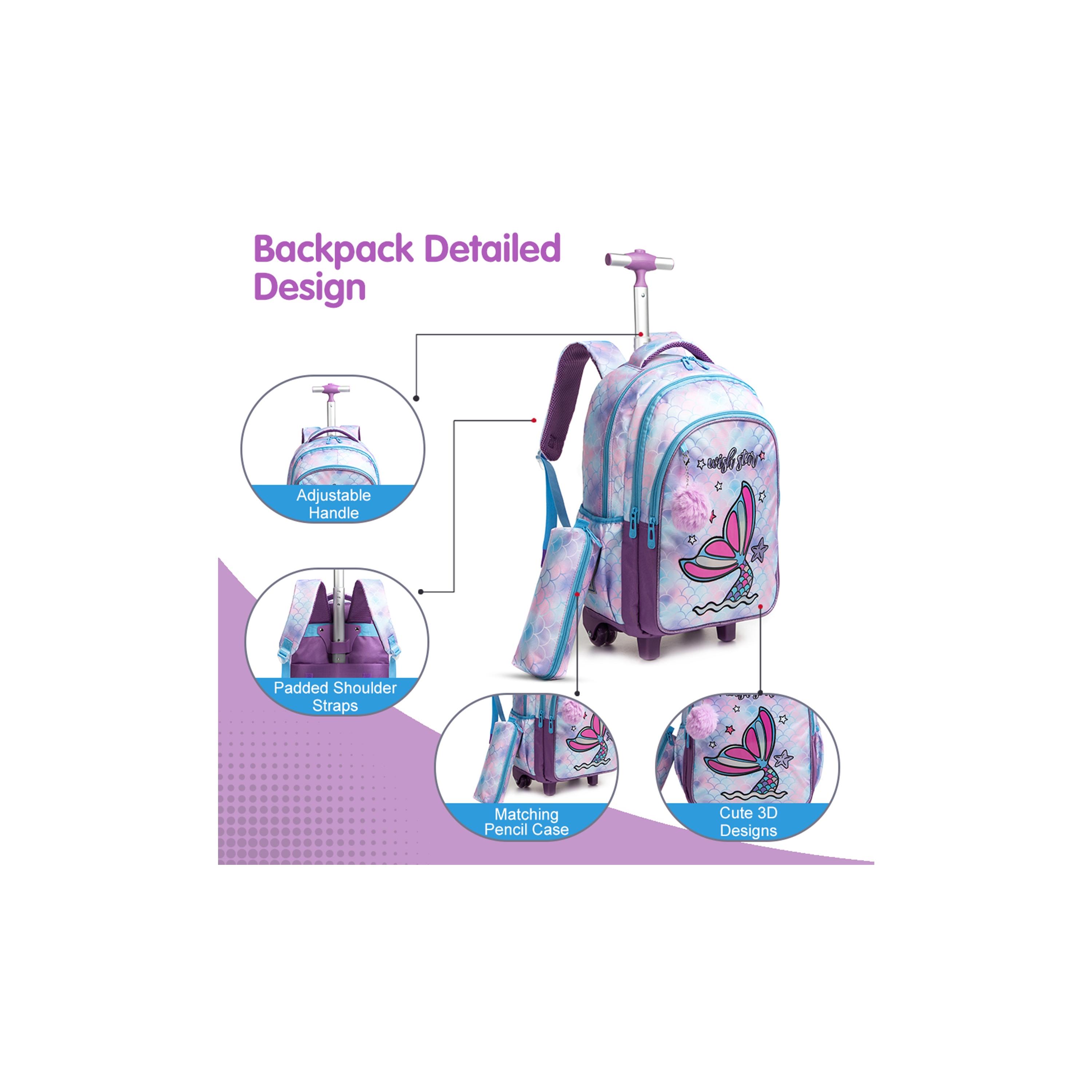 Eazy Kids Set of 4 Mermaid Printed Trolley School Bag Set - Purple - 18 Inch-school-bagsandbackpacks-sets-image-10
