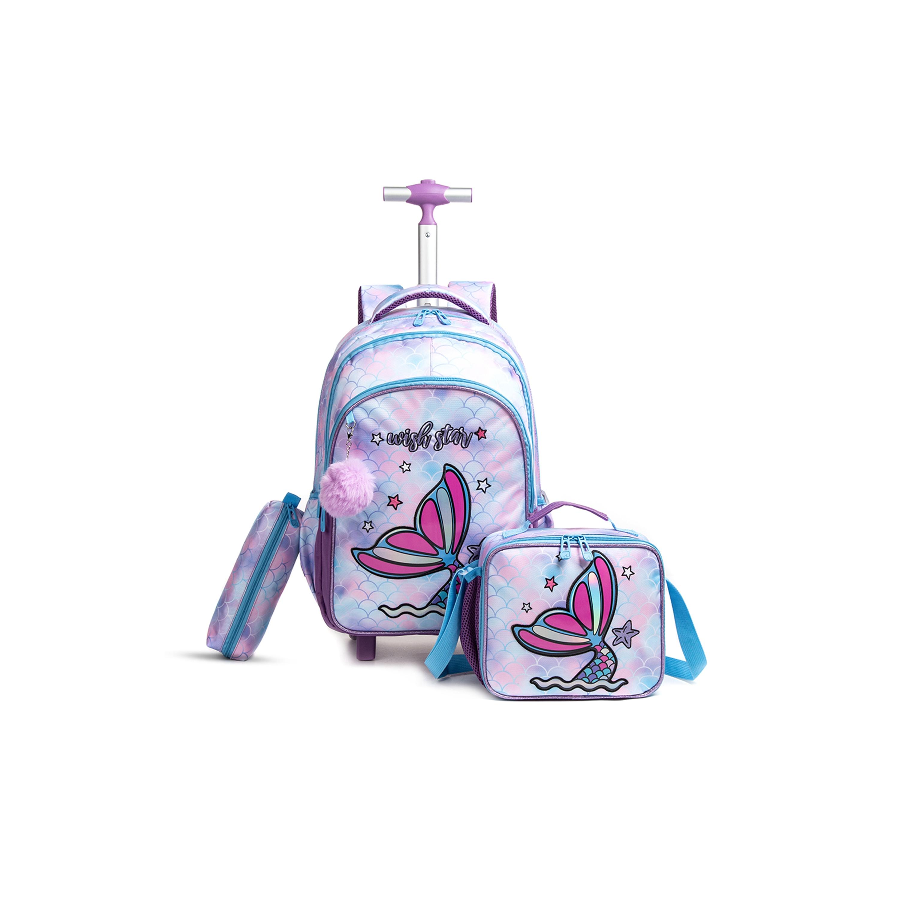 Eazy Kids Set of 4 Mermaid Printed Trolley School Bag Set - Purple - 18 Inch-school-bagsandbackpacks-sets-image-6