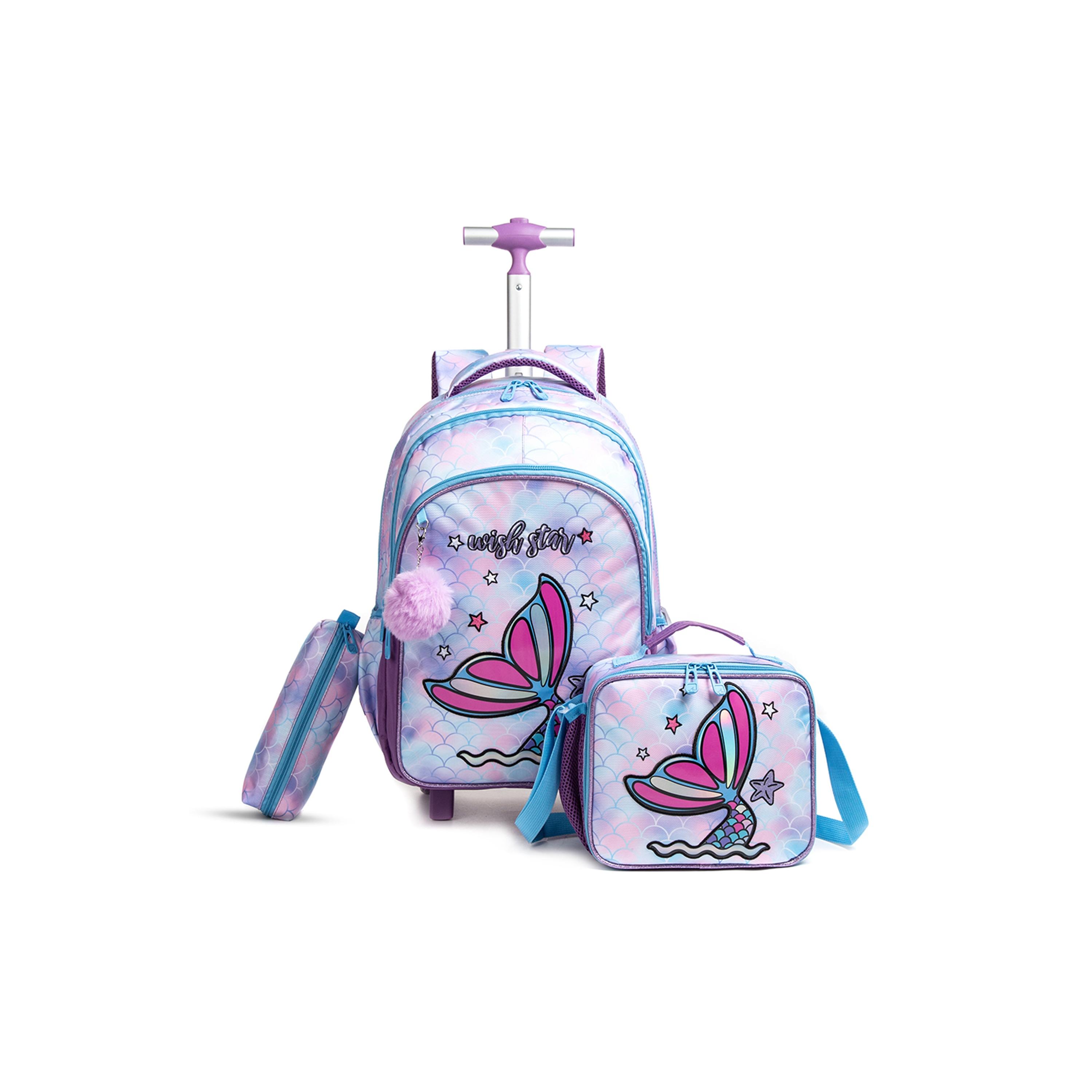 Eazy Kids Set of 4 Mermaid Printed Trolley School Bag Set - Purple - 18 Inch-school-bagsandbackpacks-sets-image-7