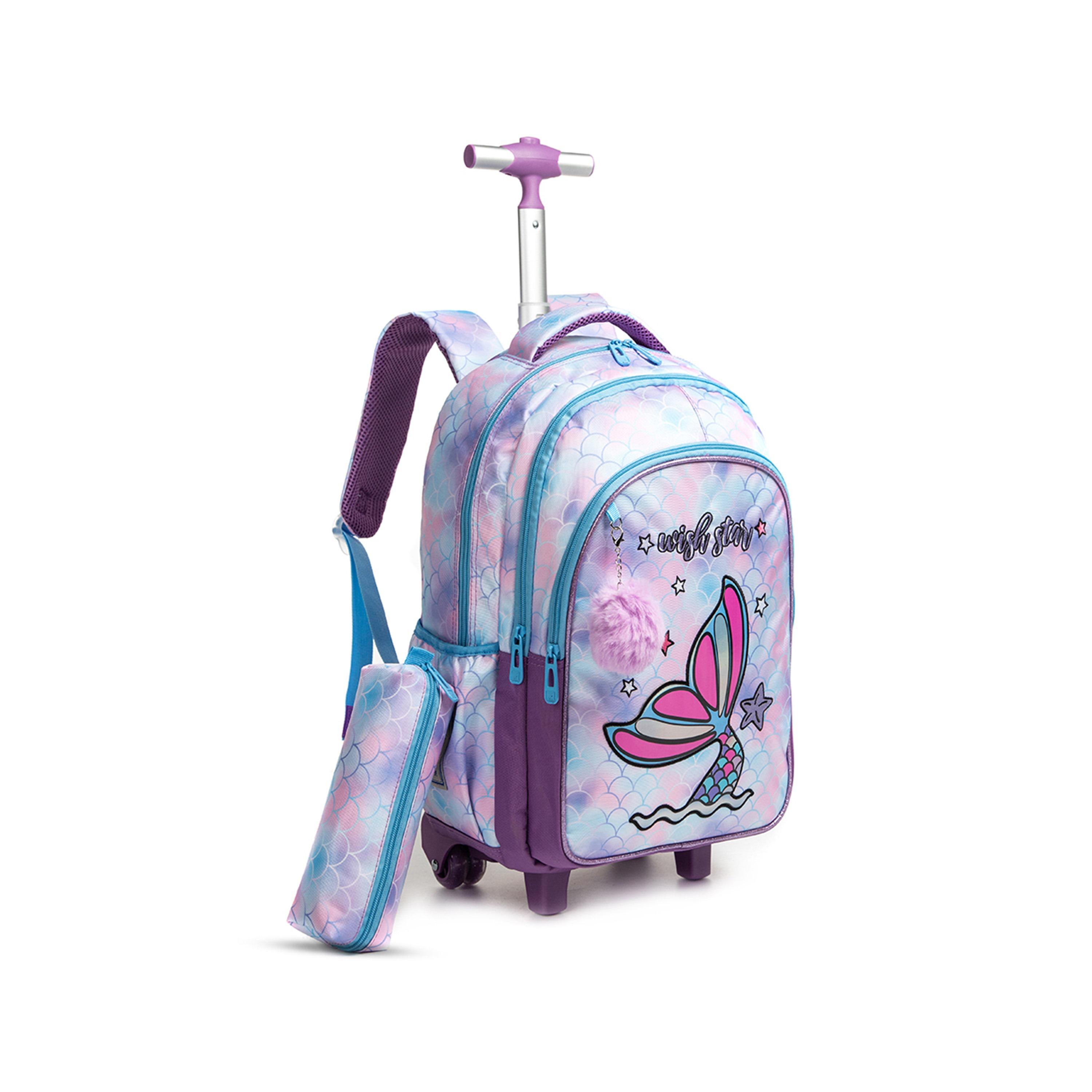 Eazy Kids Set of 4 Mermaid Printed Trolley School Bag Set - Purple - 18 Inch-school-bagsandbackpacks-sets-image-9