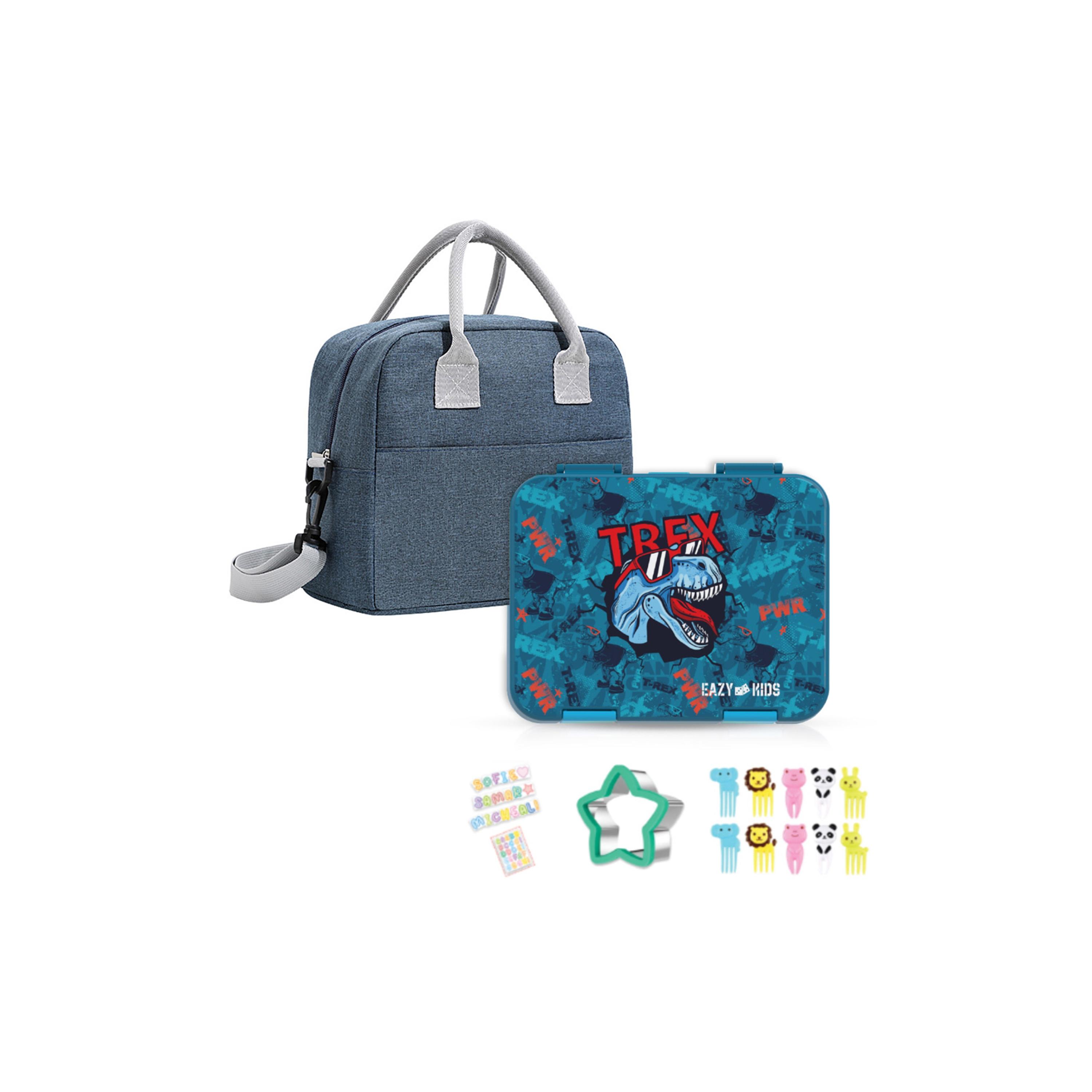 مجموعة صندوق غداء بينتو قابل للتحويل 6 و4 من إيزي كيدز - تي ريكس - أزرق-school-lunchessentials-lunchboxes-image-1