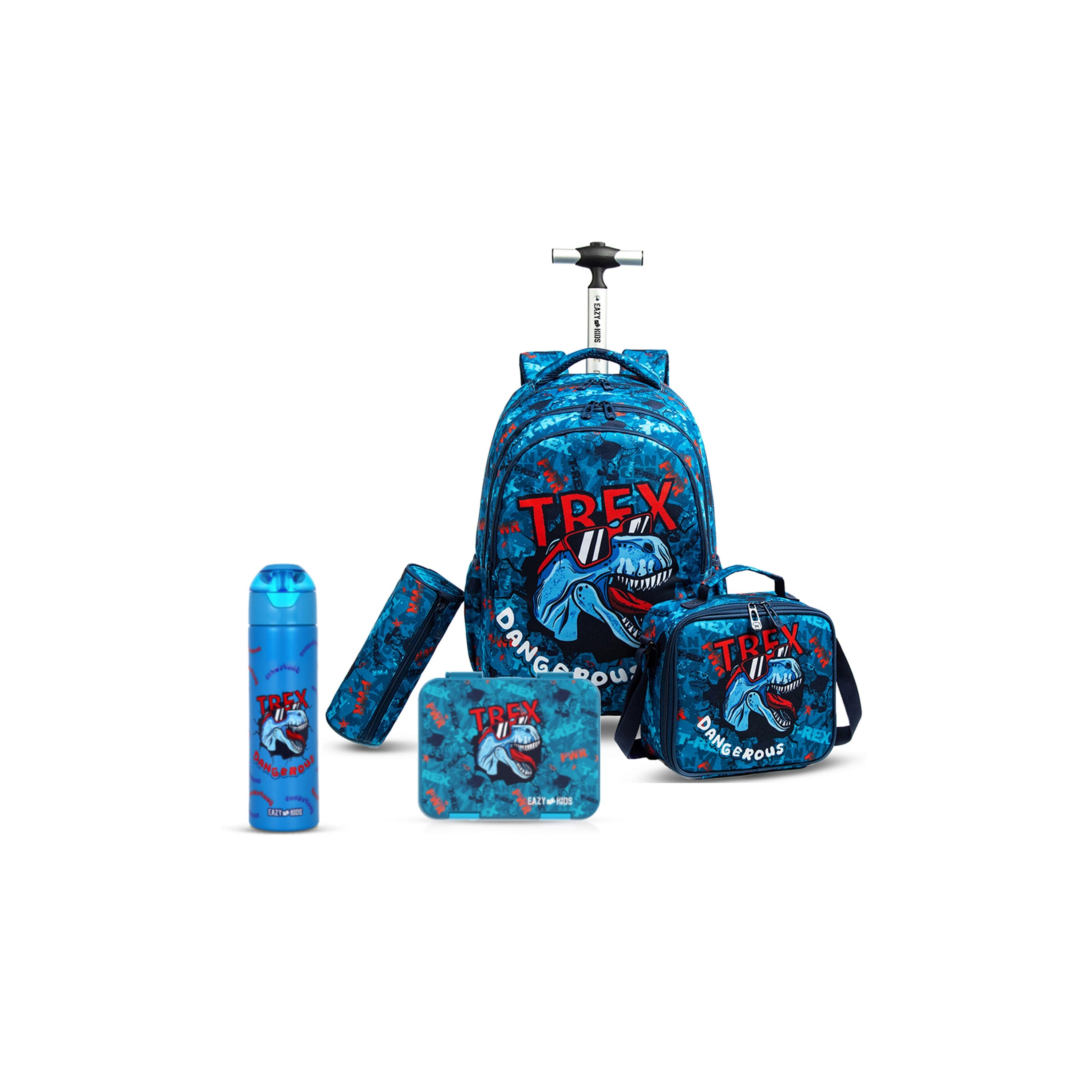 Eazy Kids Set of 5 T-Rex Dinosaur Printed Trolley School Bag Set - Blue - 18 Inch-school-bagsandbackpacks-sets-image-1
