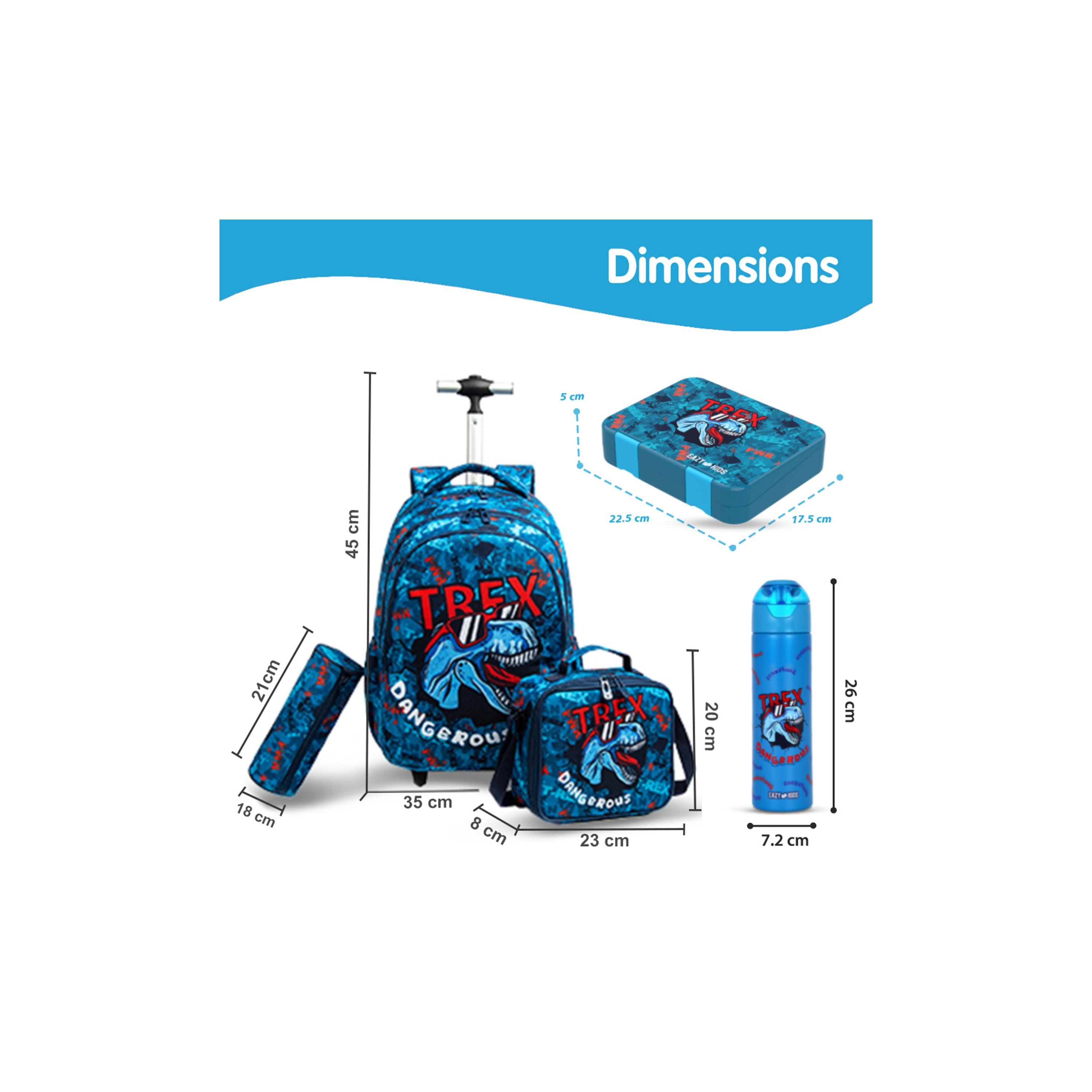 Eazy Kids Set of 5 T-Rex Dinosaur Printed Trolley School Bag Set - Blue - 18 Inch-school-bagsandbackpacks-sets-image-15