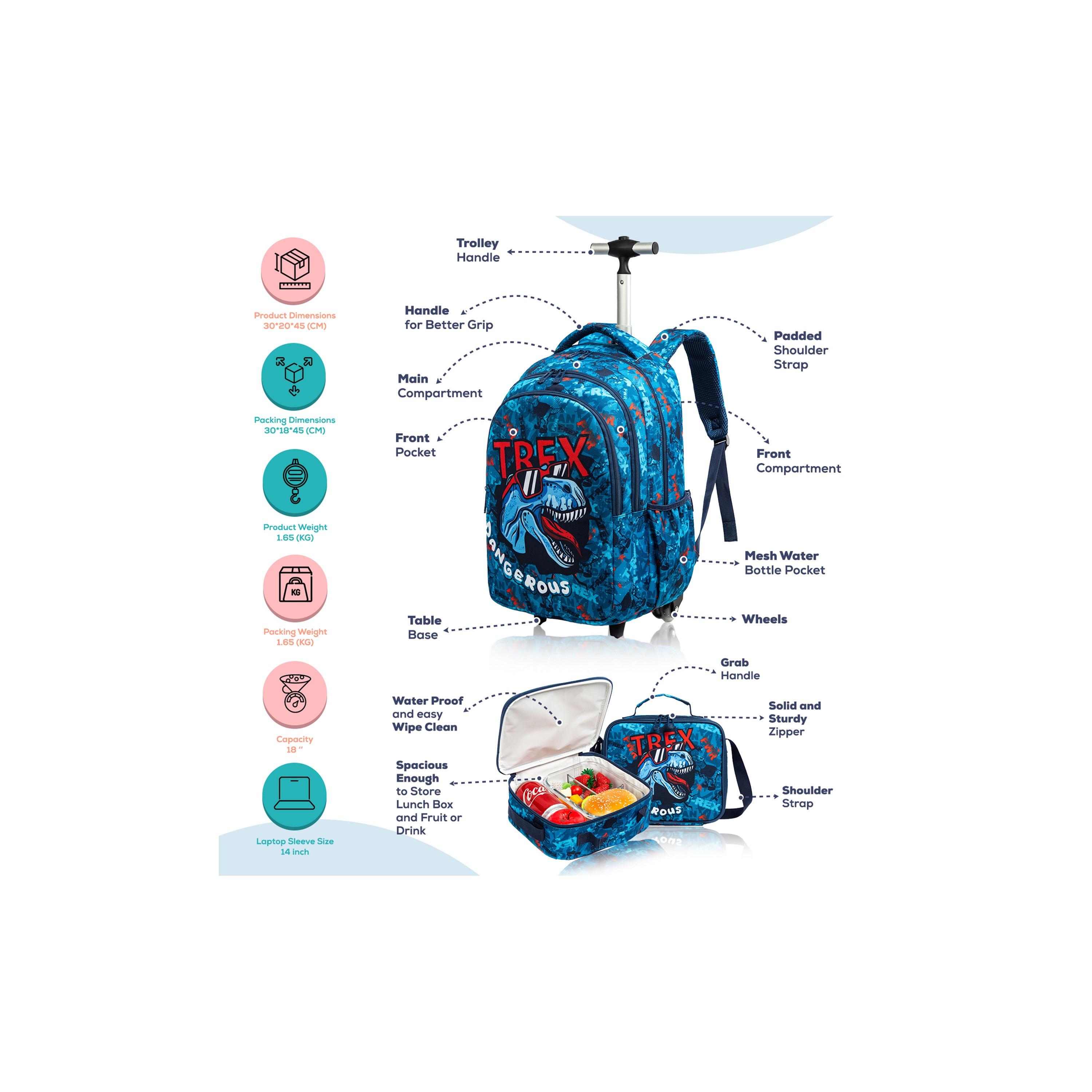 Eazy Kids Set of 5 T-Rex Dinosaur Printed Trolley School Bag Set - Blue - 18 Inch-school-bagsandbackpacks-sets-image-20