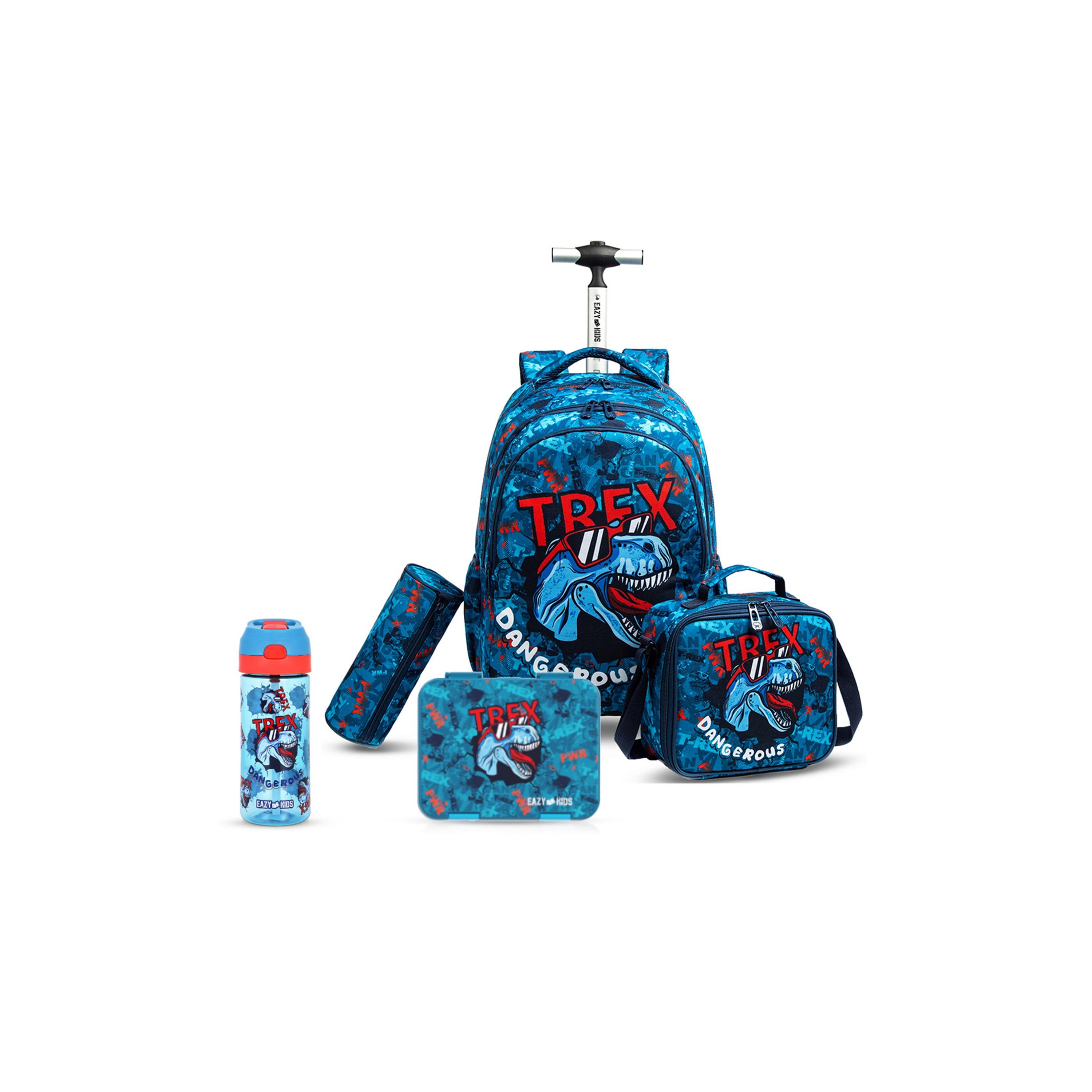 Eazy Kids Set of 5 T-Rex Dinosaur Printed Trolley School Bag Set - Blue - 18 Inch-school-bagsandbackpacks-sets-image-1