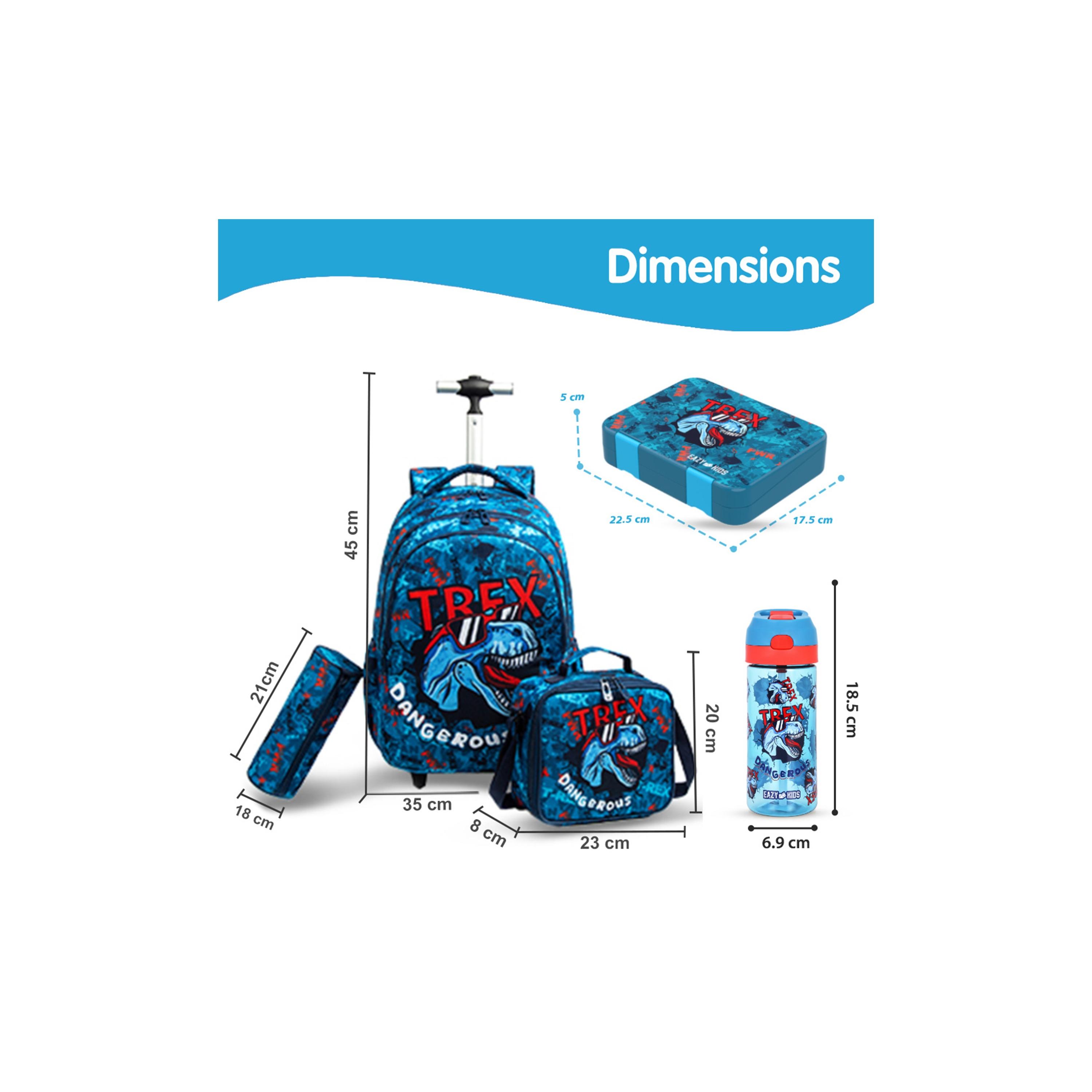 Eazy Kids Set of 5 T-Rex Dinosaur Printed Trolley School Bag Set - Blue - 18 Inch-school-bagsandbackpacks-sets-image-13