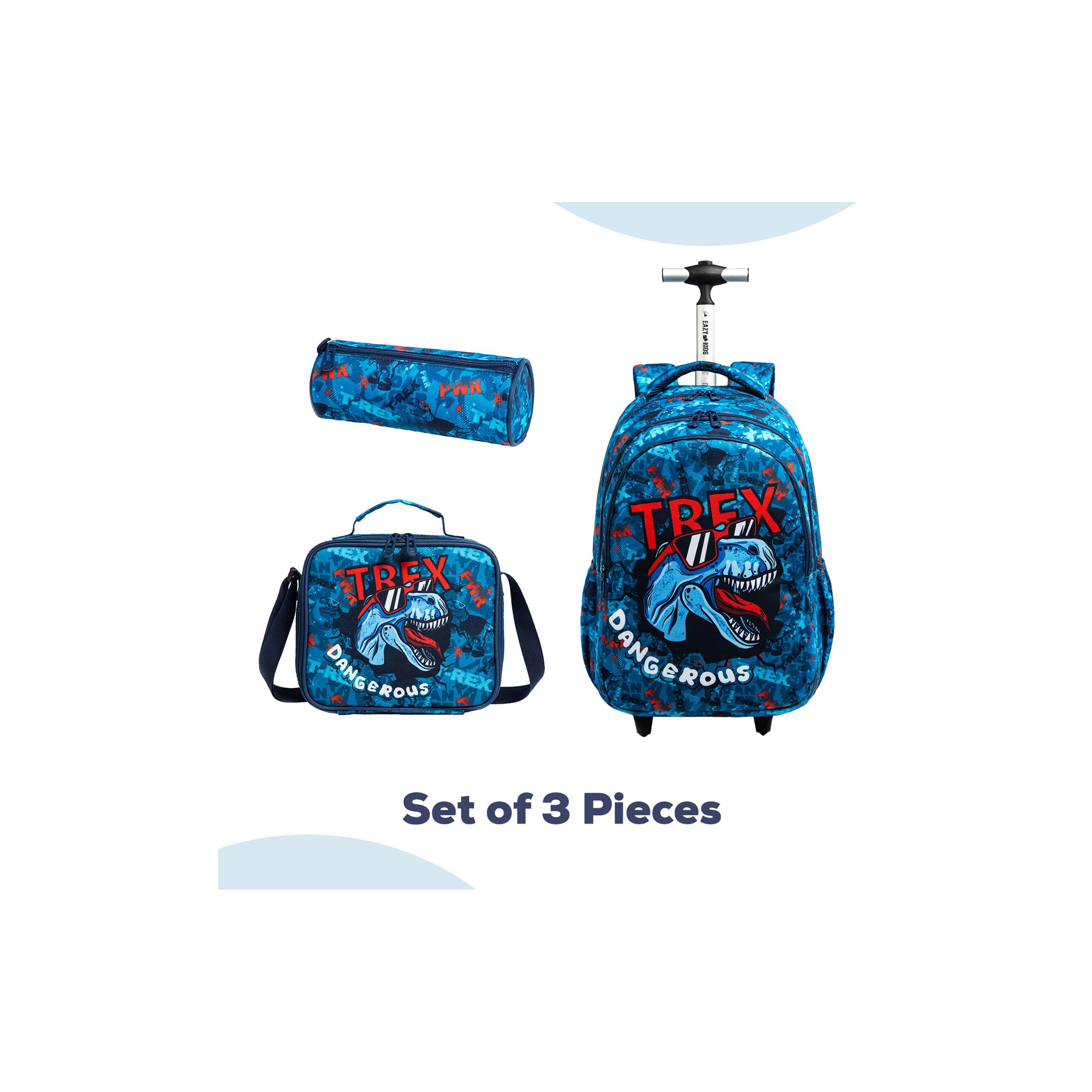Eazy Kids Set of 5 T-Rex Dinosaur Printed Trolley School Bag Set - Blue - 18 Inch-school-bagsandbackpacks-sets-image-17