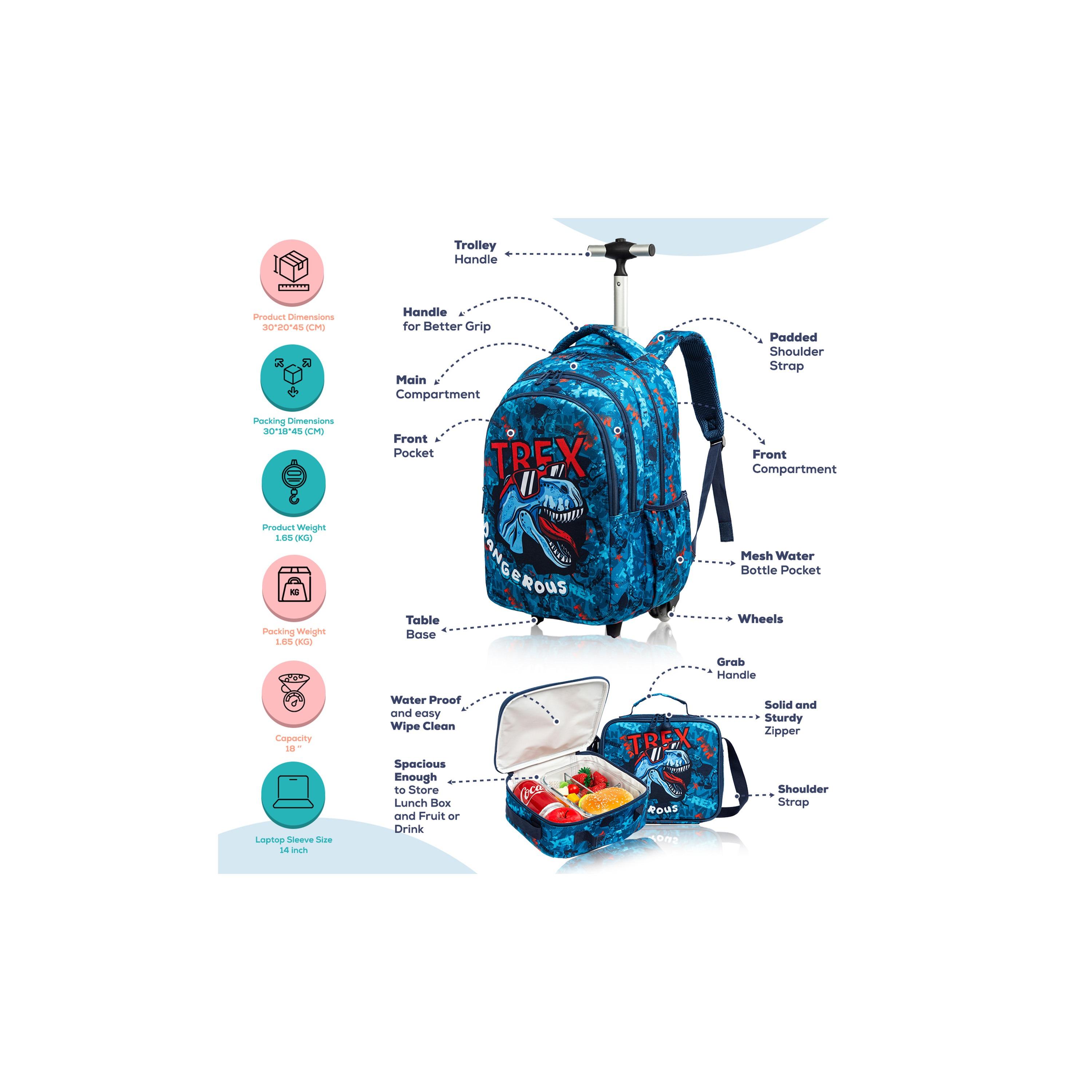 Eazy Kids Set of 5 T-Rex Dinosaur Printed Trolley School Bag Set - Blue - 18 Inch-school-bagsandbackpacks-sets-image-18