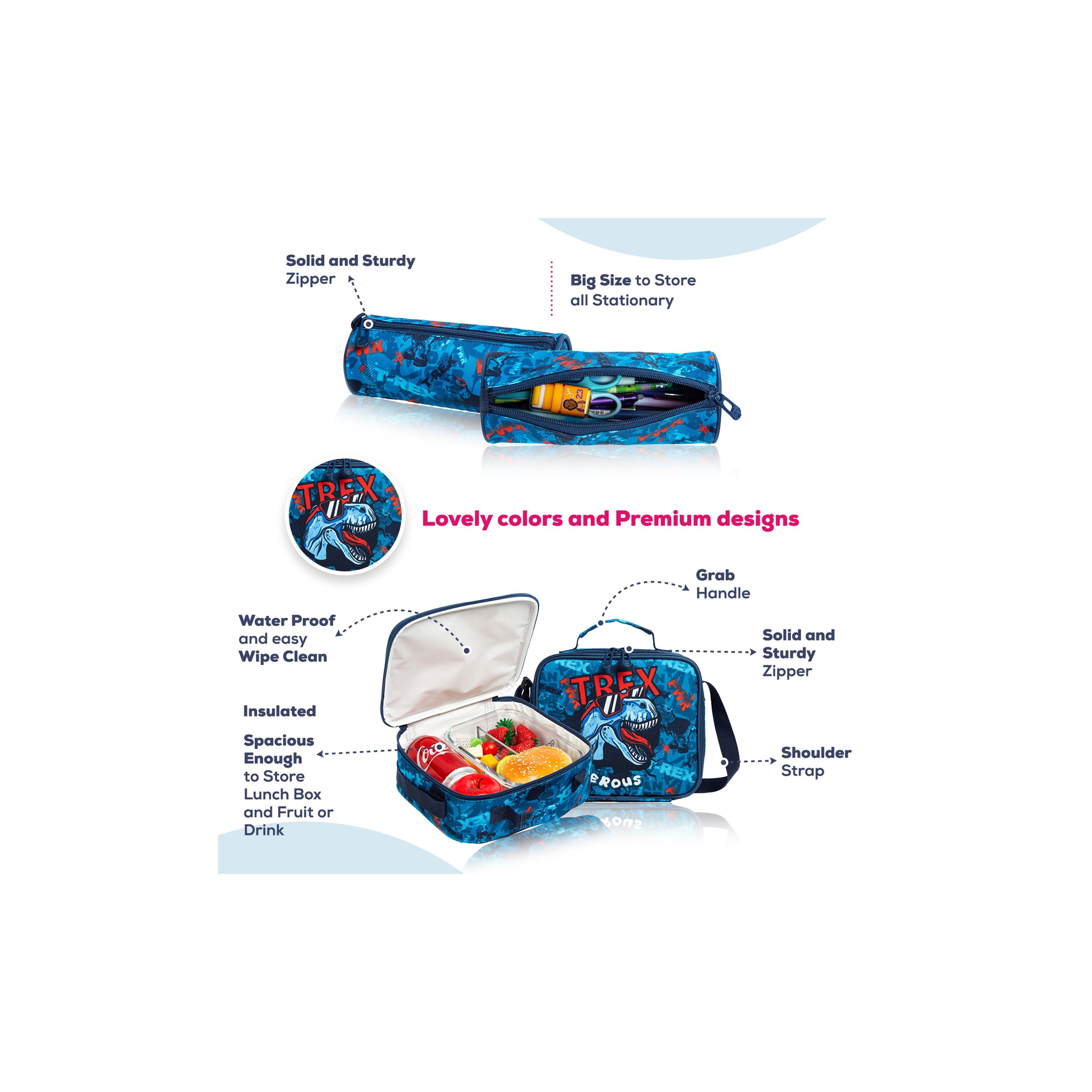Eazy Kids Set of 5 T-Rex Dinosaur Printed Trolley School Bag Set - Blue - 18 Inch-school-bagsandbackpacks-sets-image-19