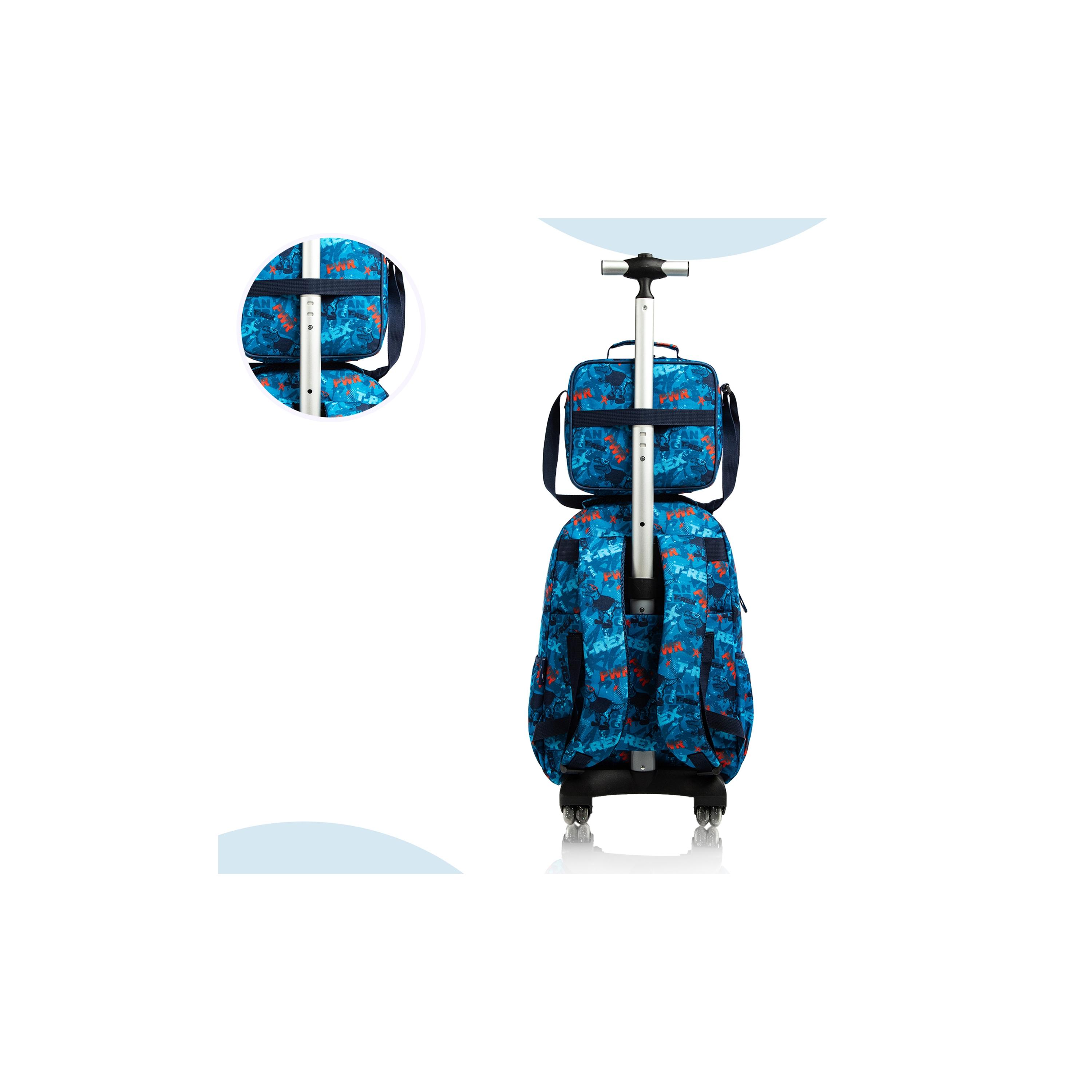 Eazy Kids Set of 5 T-Rex Dinosaur Printed Trolley School Bag Set - Blue - 18 Inch-school-bagsandbackpacks-sets-image-2