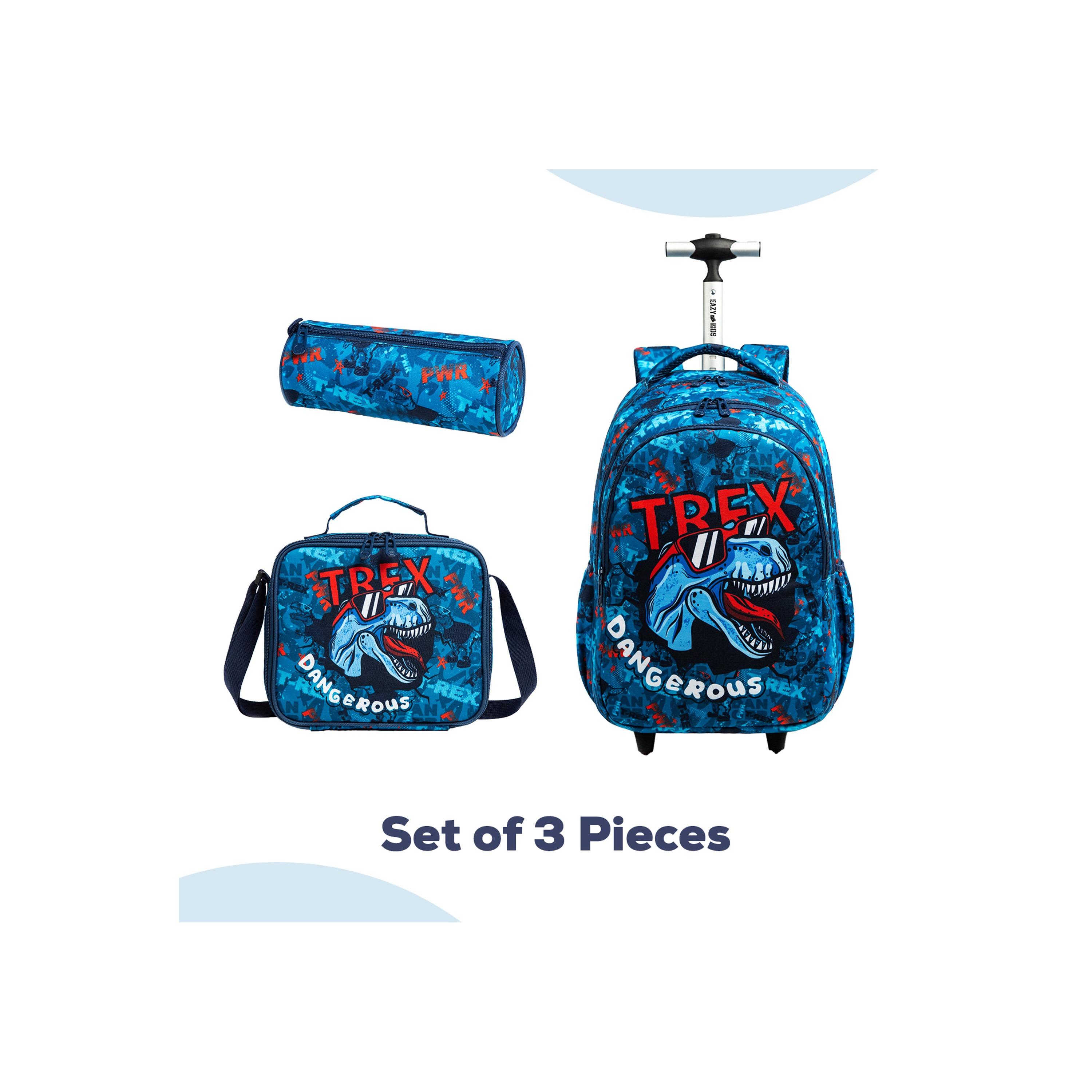 Eazy Kids Set of 4 T-Rex Dinosaur Printed Trolley School Bag Set - Blue - 18 Inch-school-bagsandbackpacks-sets-image-10