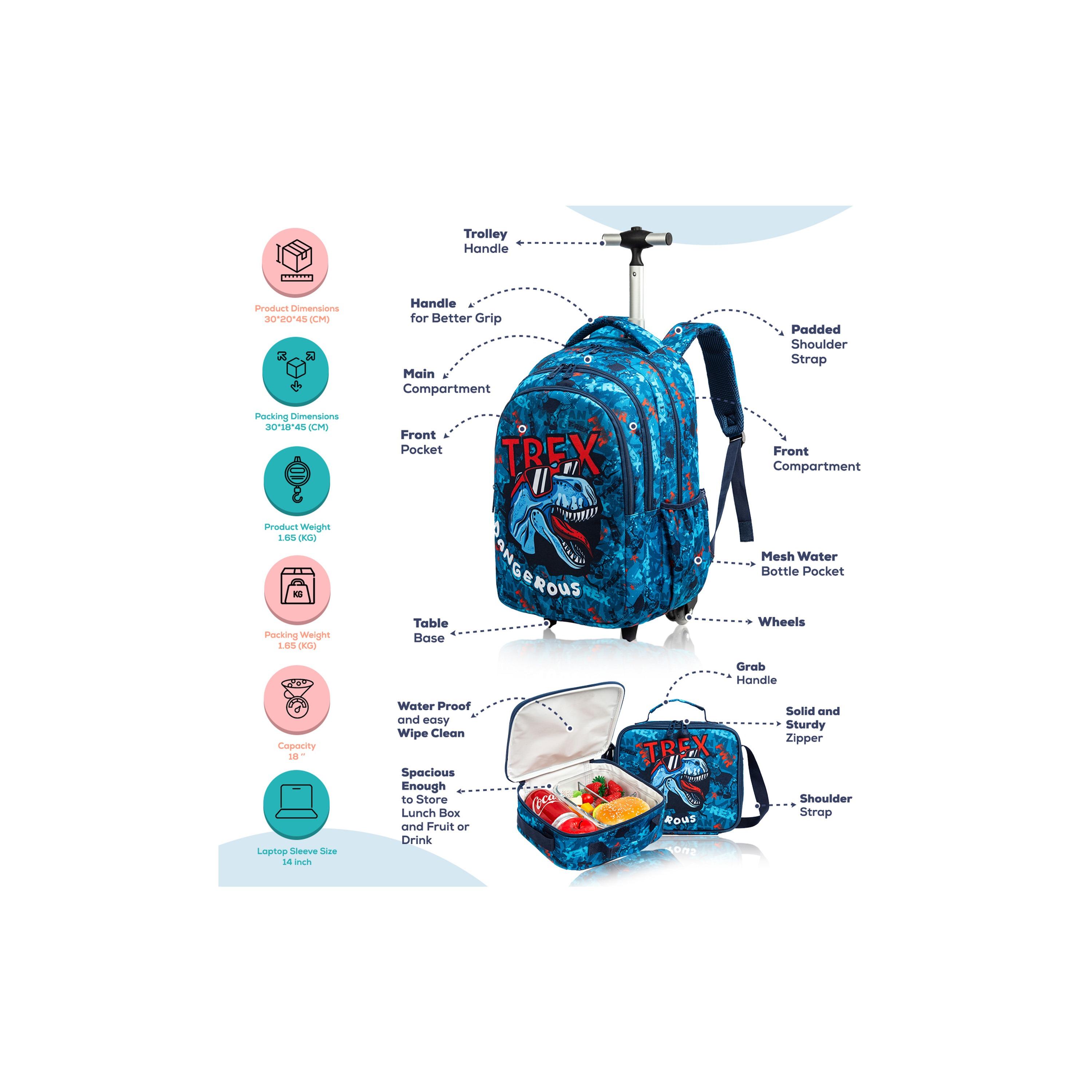 Eazy Kids Set of 4 T-Rex Dinosaur Printed Trolley School Bag Set - Blue - 18 Inch-school-bagsandbackpacks-sets-image-11
