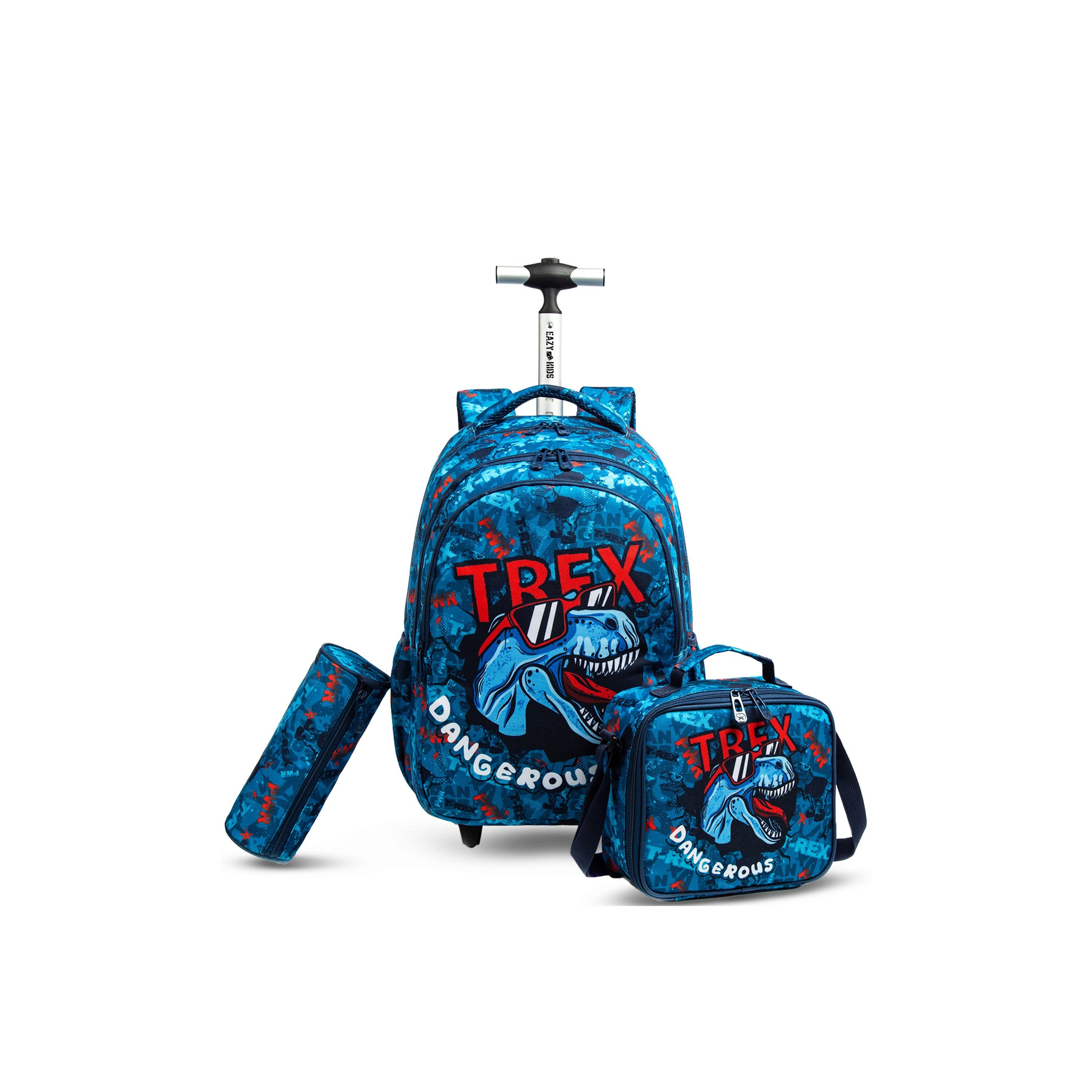 Eazy Kids Set of 4 T-Rex Dinosaur Printed Trolley School Bag Set - Blue - 18 Inch-school-bagsandbackpacks-sets-image-9