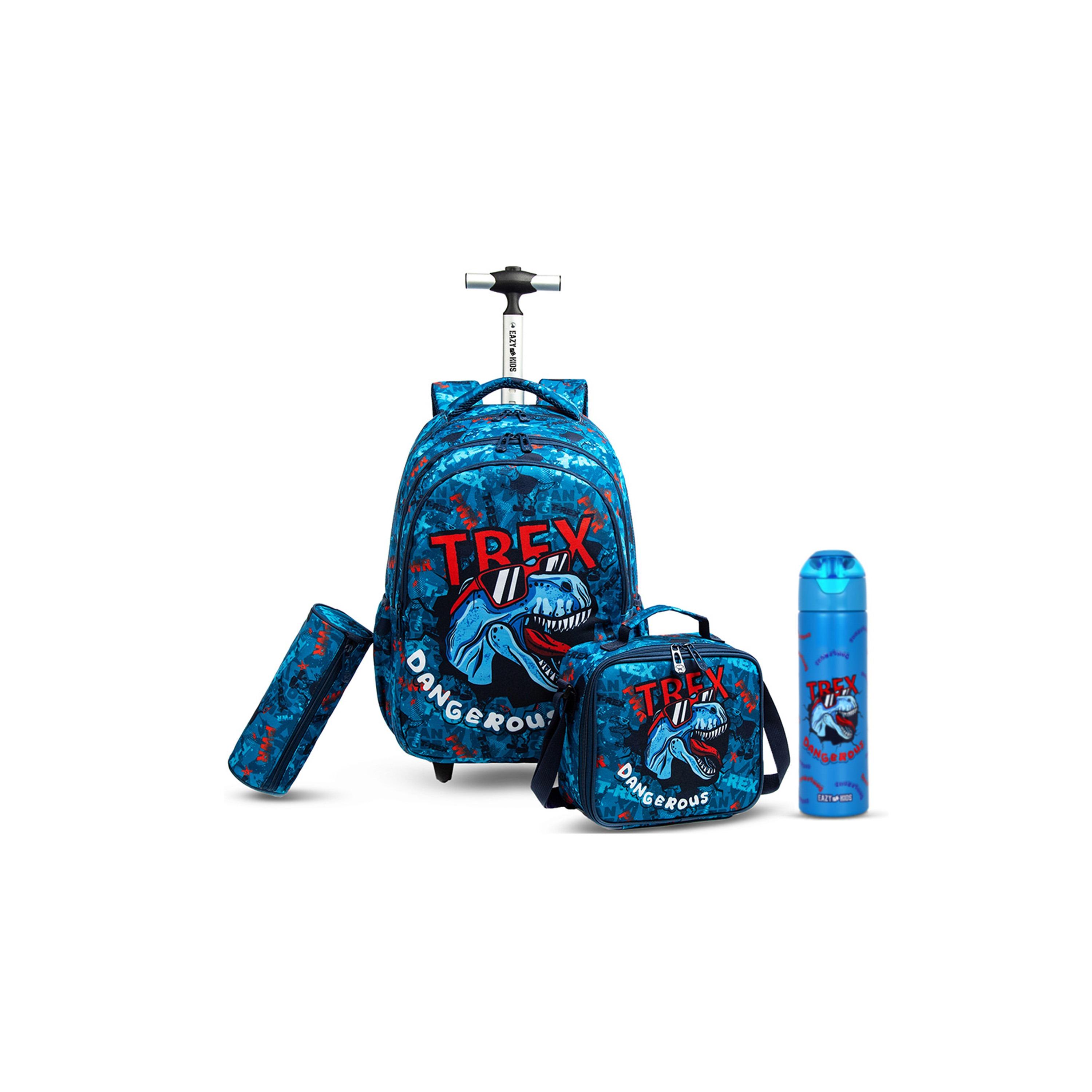 Eazy Kids Set of 4 T-Rex Dinosaur Printed Trolley School Bag Set - Blue - 18 Inch-school-bagsandbackpacks-sets-image-1