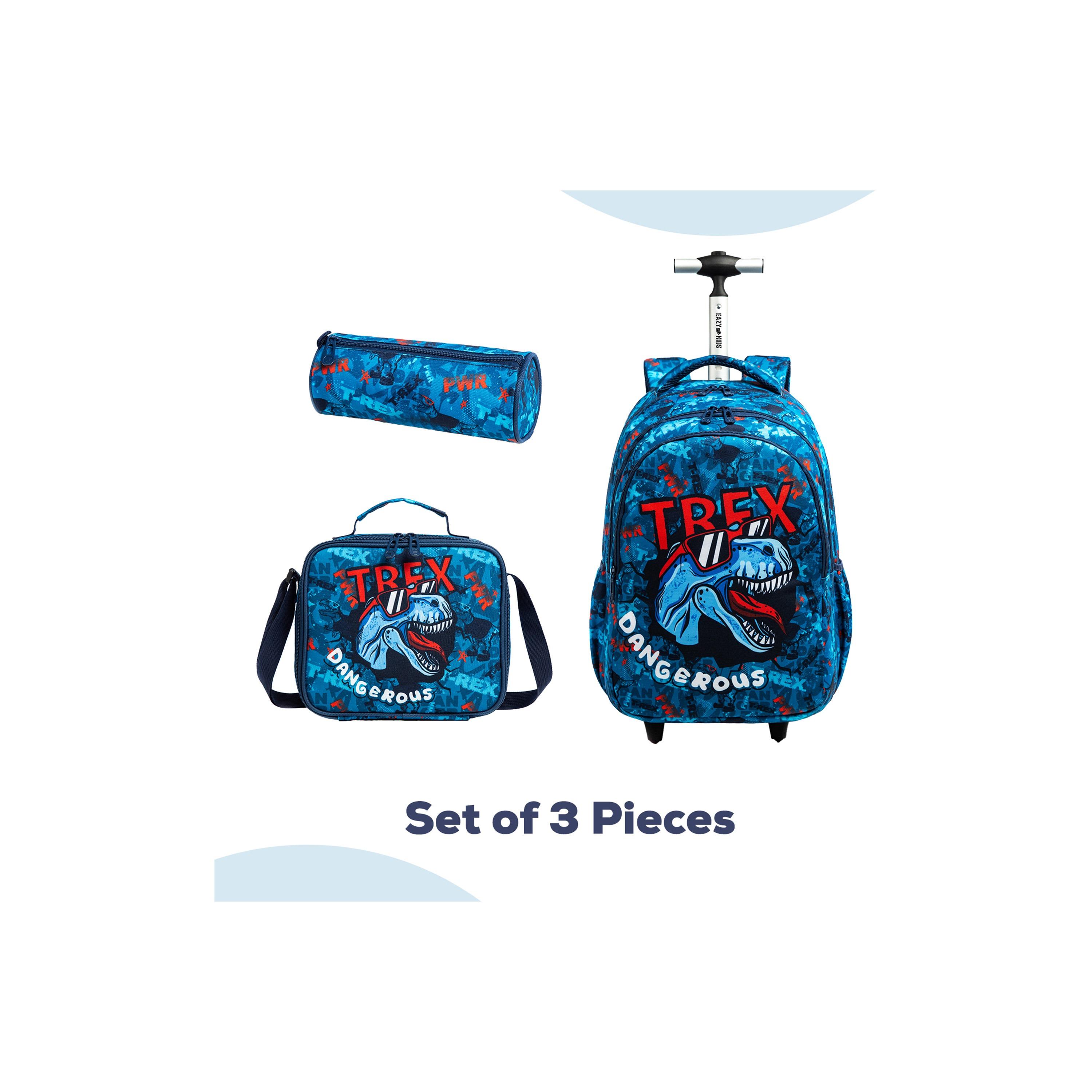 Eazy Kids Set of 4 T-Rex Dinosaur Printed Trolley School Bag Set - Blue - 18 Inch-school-bagsandbackpacks-sets-image-13