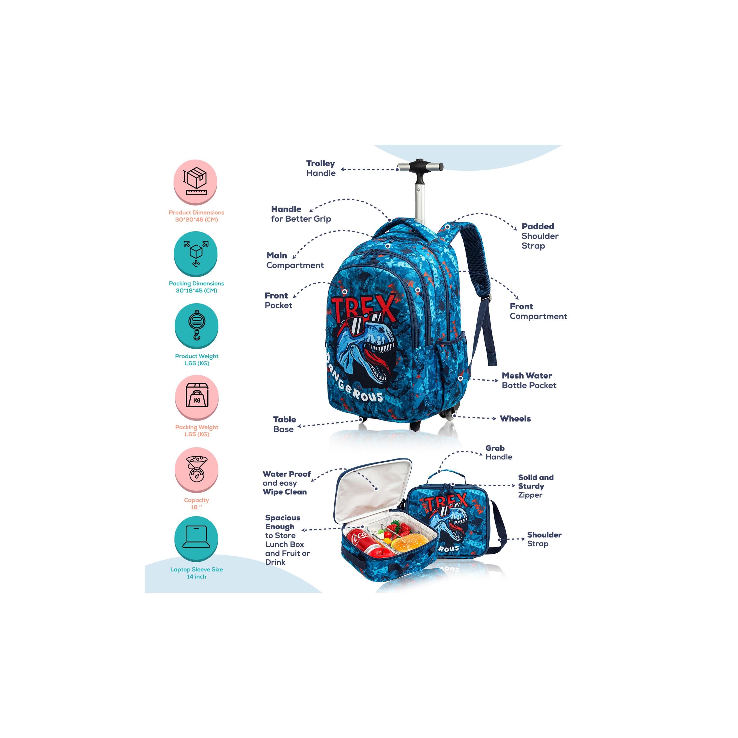 Eazy Kids Set of 4 T-Rex Dinosaur Printed Trolley School Bag Set - Blue - 18 Inch-school-bagsandbackpacks-sets-image-14