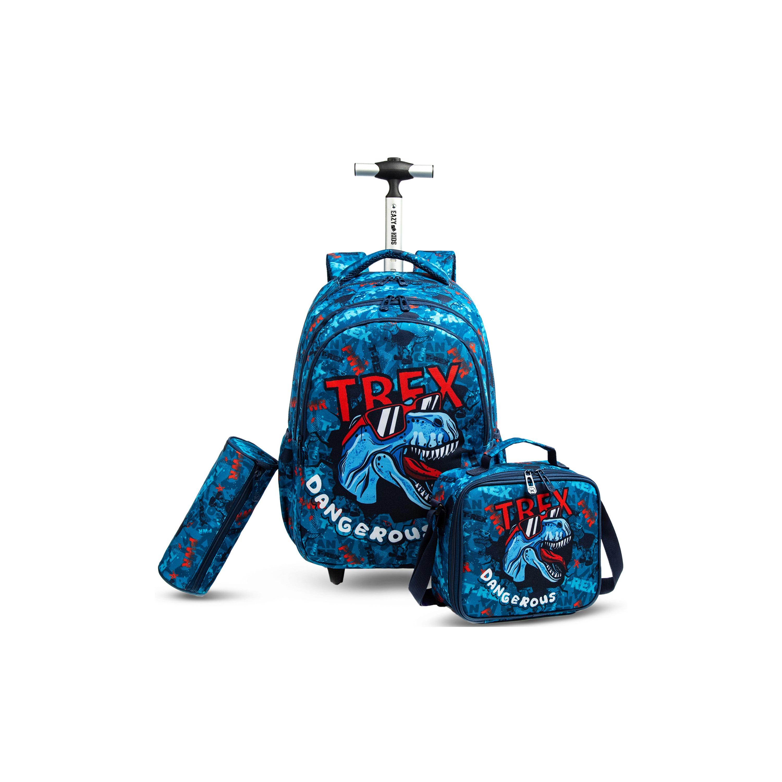 Eazy Kids Set of 4 T-Rex Dinosaur Printed Trolley School Bag Set - Blue - 18 Inch-school-bagsandbackpacks-sets-image-10