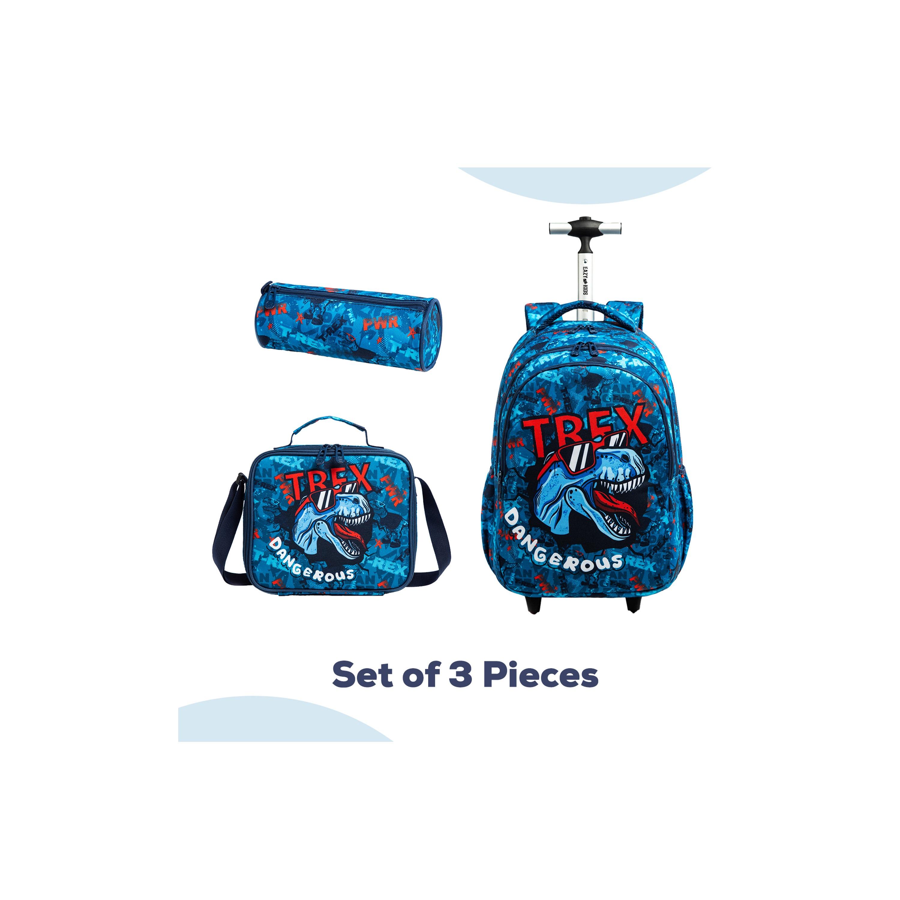 Eazy Kids Set of 4 T-Rex Dinosaur Printed Trolley School Bag Set - Blue - 18 Inch-school-bagsandbackpacks-sets-image-11