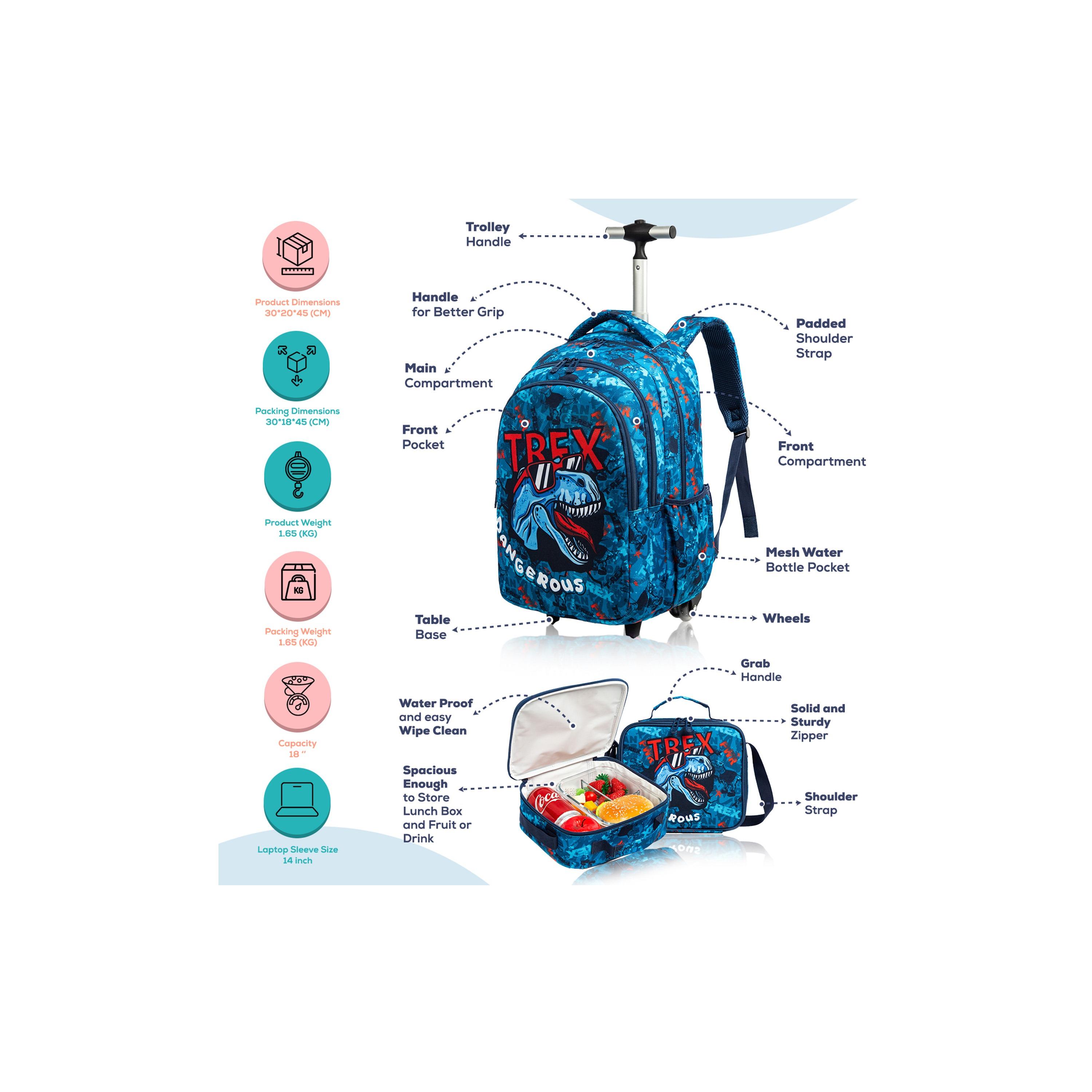 Eazy Kids Set of 4 T-Rex Dinosaur Printed Trolley School Bag Set - Blue - 18 Inch-school-bagsandbackpacks-sets-image-12