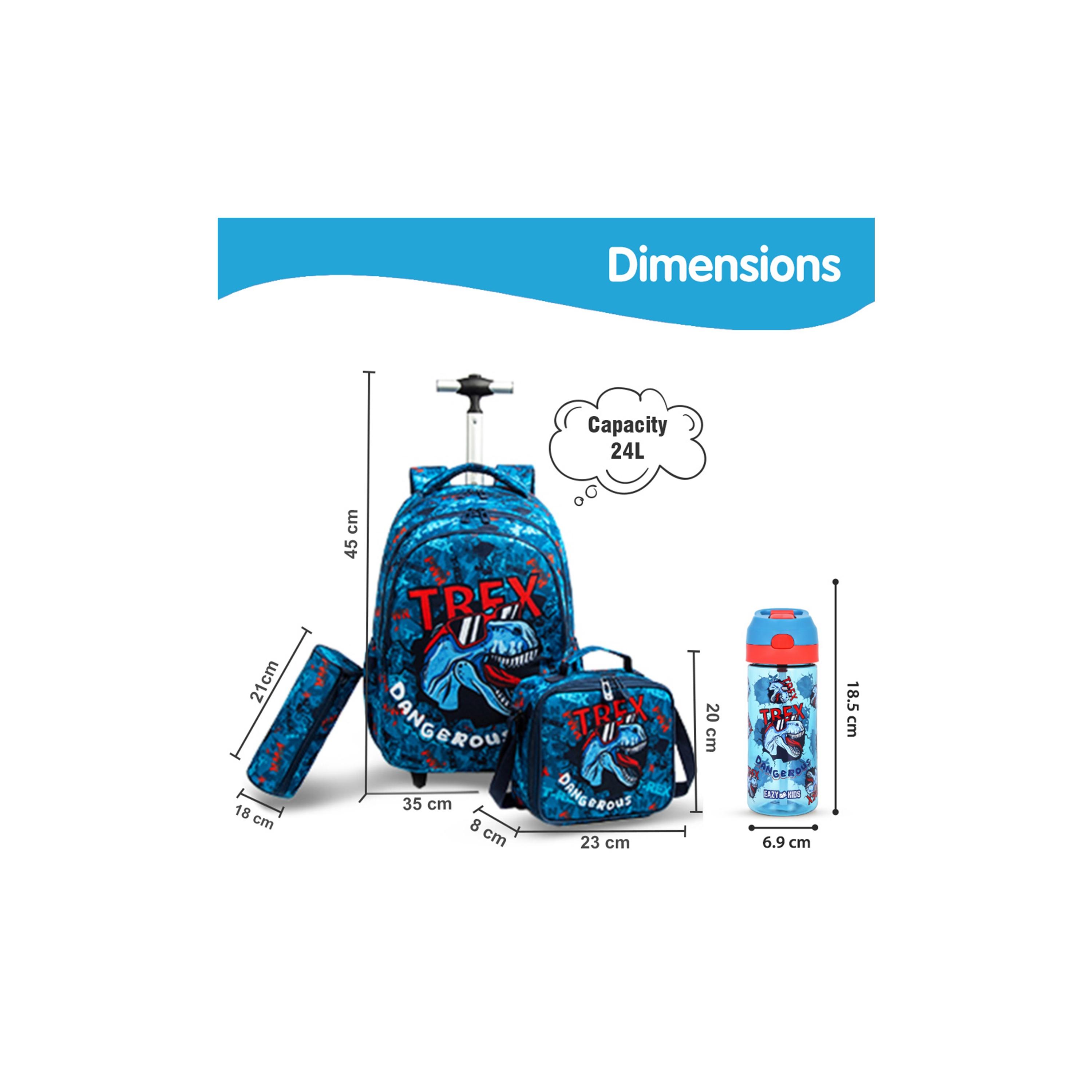 Eazy Kids Set of 4 T-Rex Dinosaur Printed Trolley School Bag Set - Blue - 18 Inch-school-bagsandbackpacks-sets-image-9