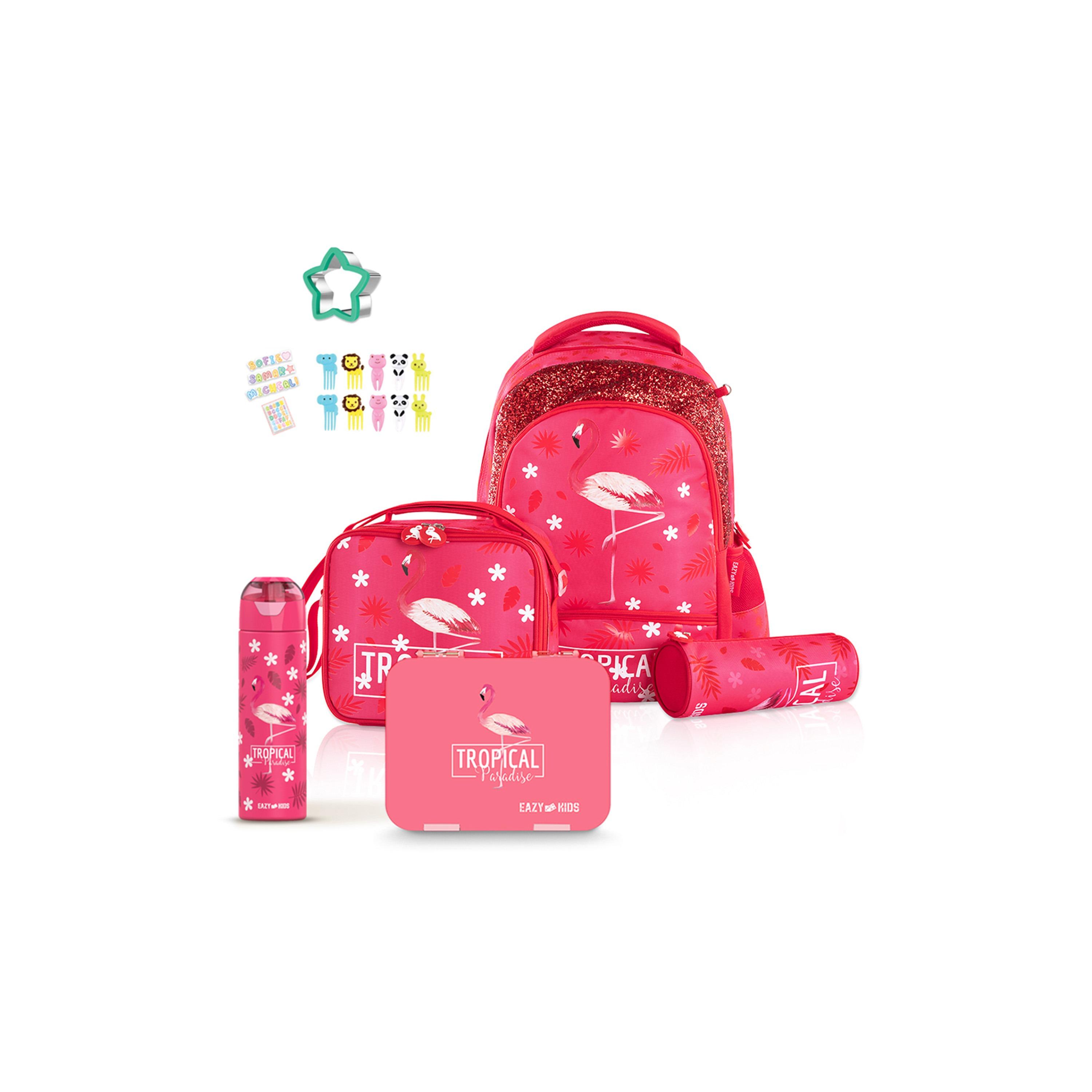 Eazy Kids Set of 5 Tropical Printed School Bag Set - Pink -  17 Inch-school-bagsandbackpacks-sets-image-1