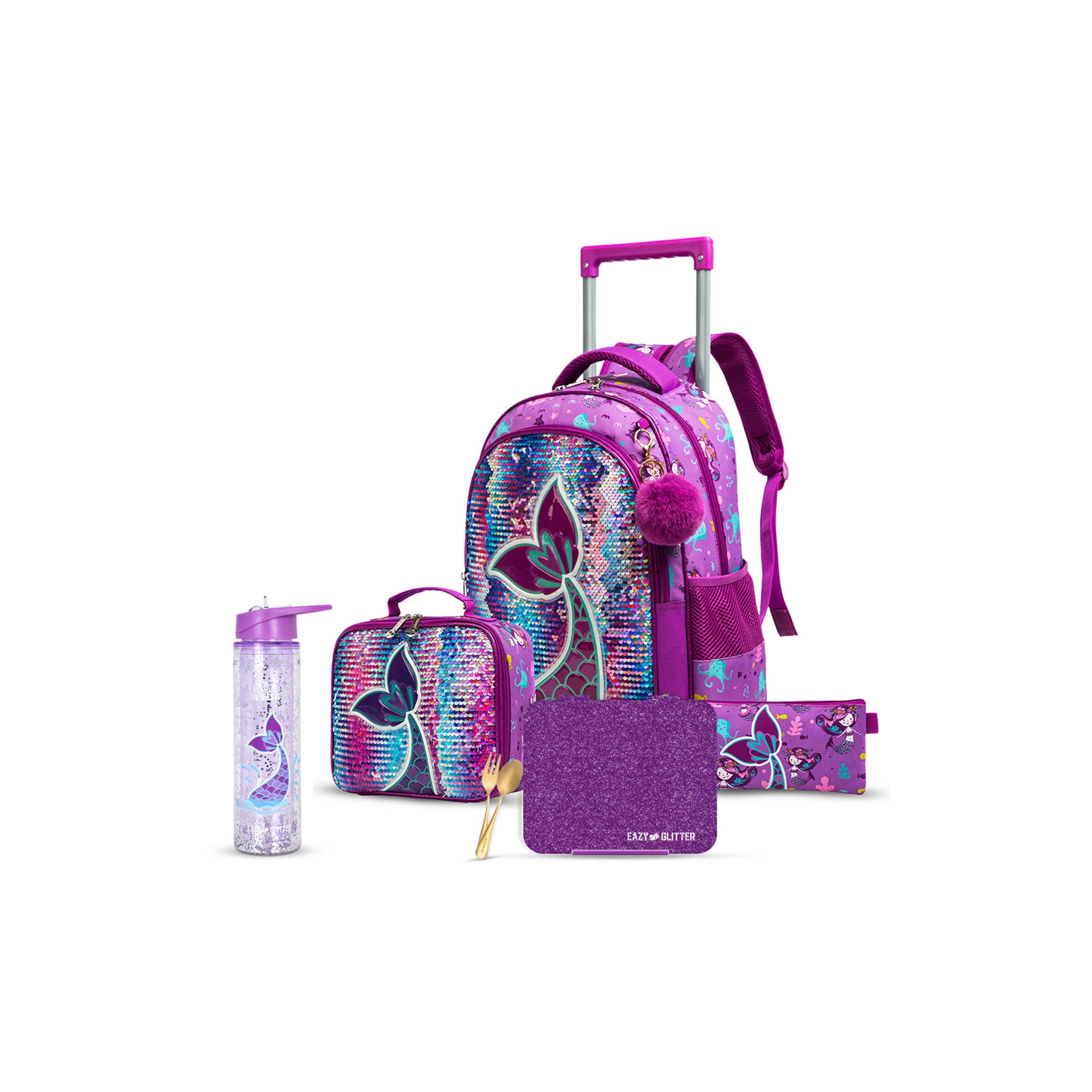 Eazy Kids Set of 5 Mermaid Printed Trolley School Bag Set -  Purple - 18 Inch-school-bagsandbackpacks-sets-image-1
