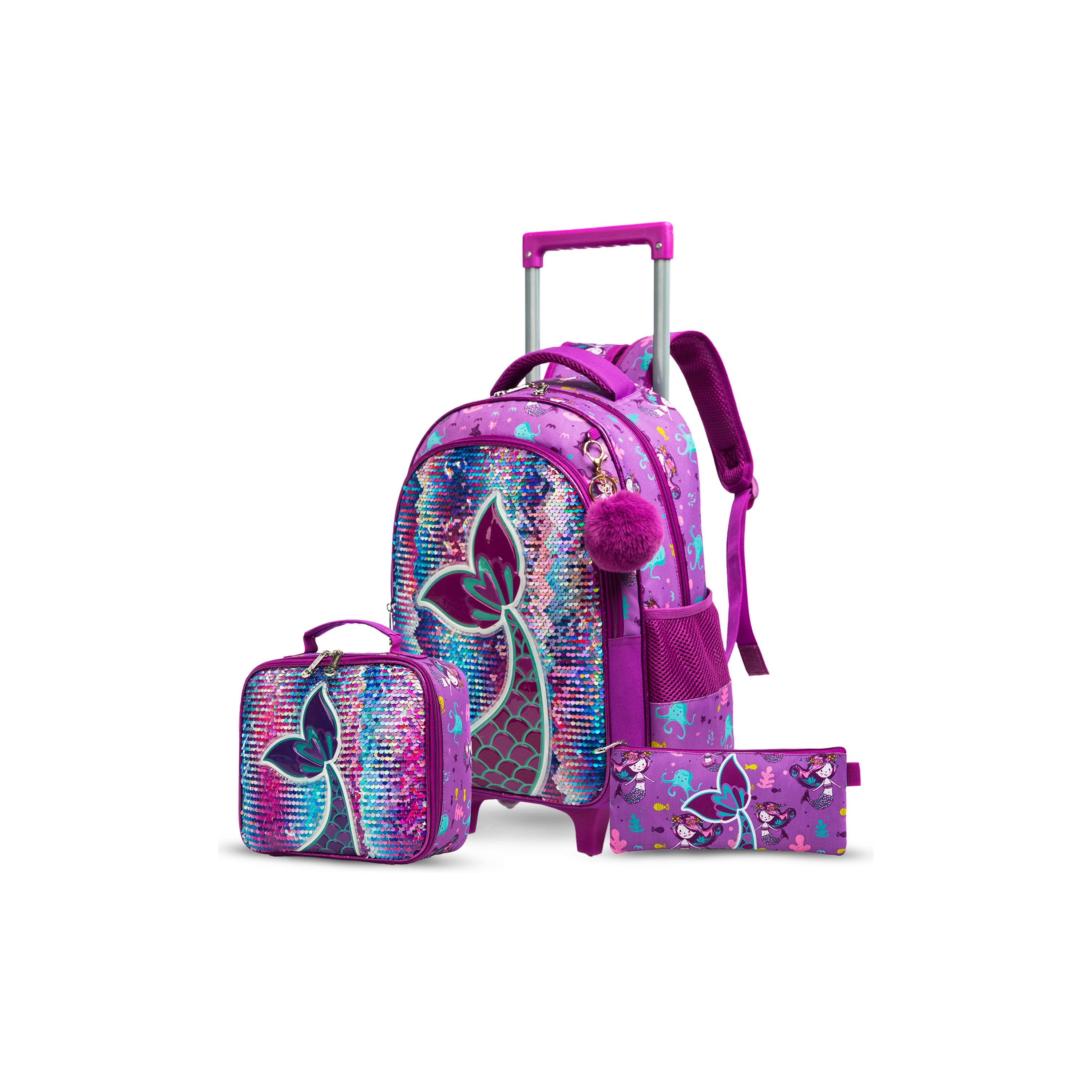 Eazy Kids Set of 5 Mermaid Printed Trolley School Bag Set -  Purple - 18 Inch-school-bagsandbackpacks-sets-image-5