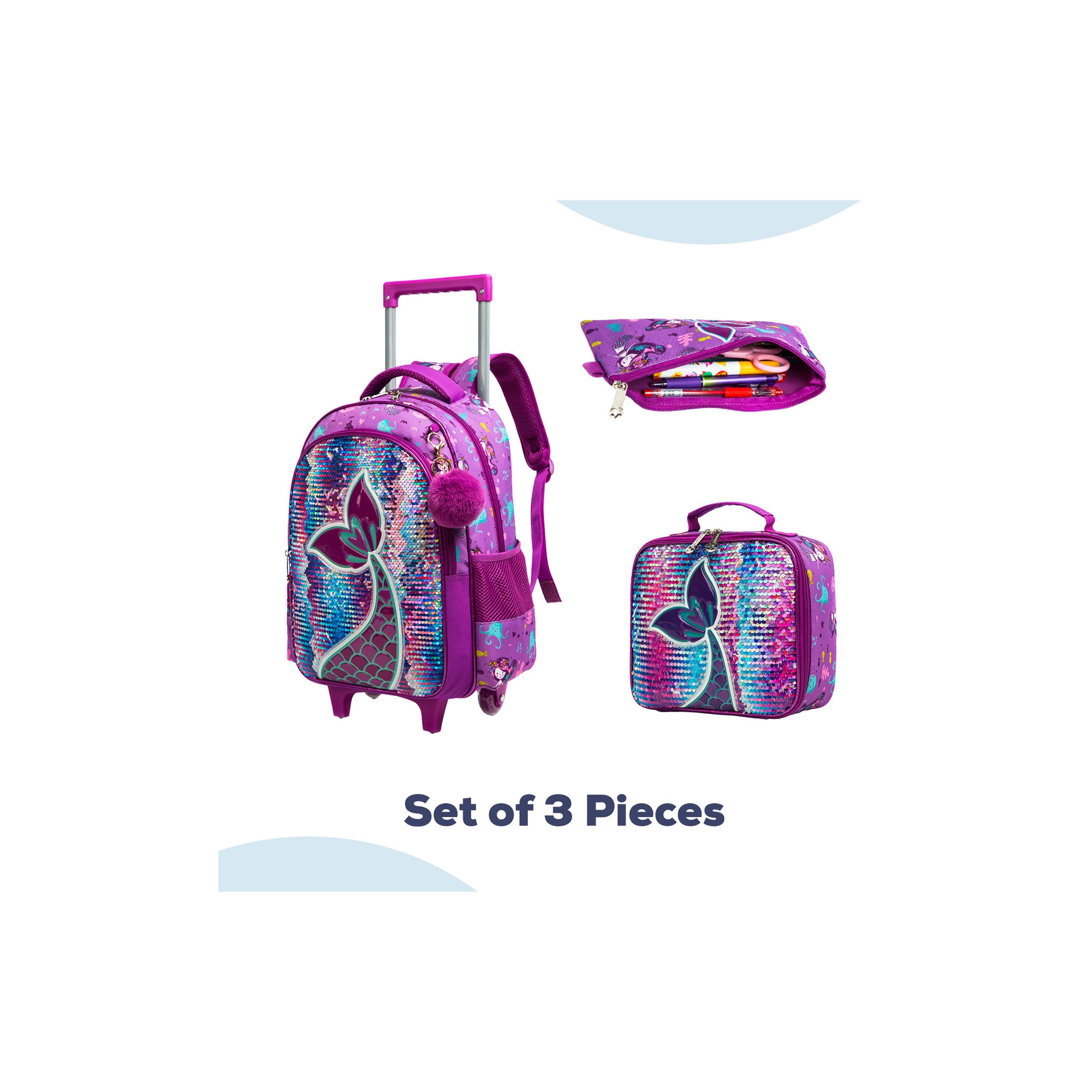 Eazy Kids Set of 5 Mermaid Printed Trolley School Bag Set -  Purple - 18 Inch-school-bagsandbackpacks-sets-image-6