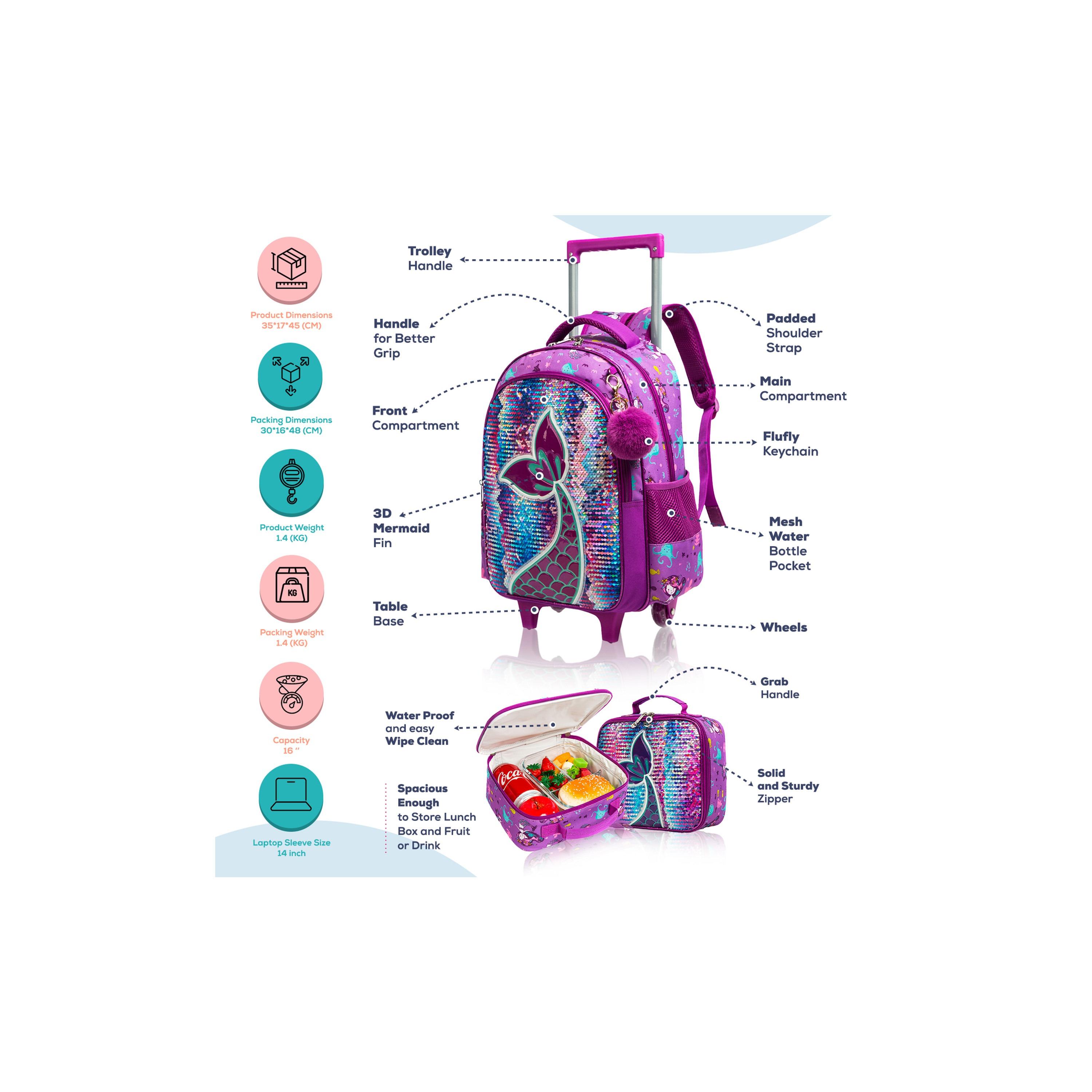 Eazy Kids Set of 5 Mermaid Printed Trolley School Bag Set -  Purple - 18 Inch-school-bagsandbackpacks-sets-image-7