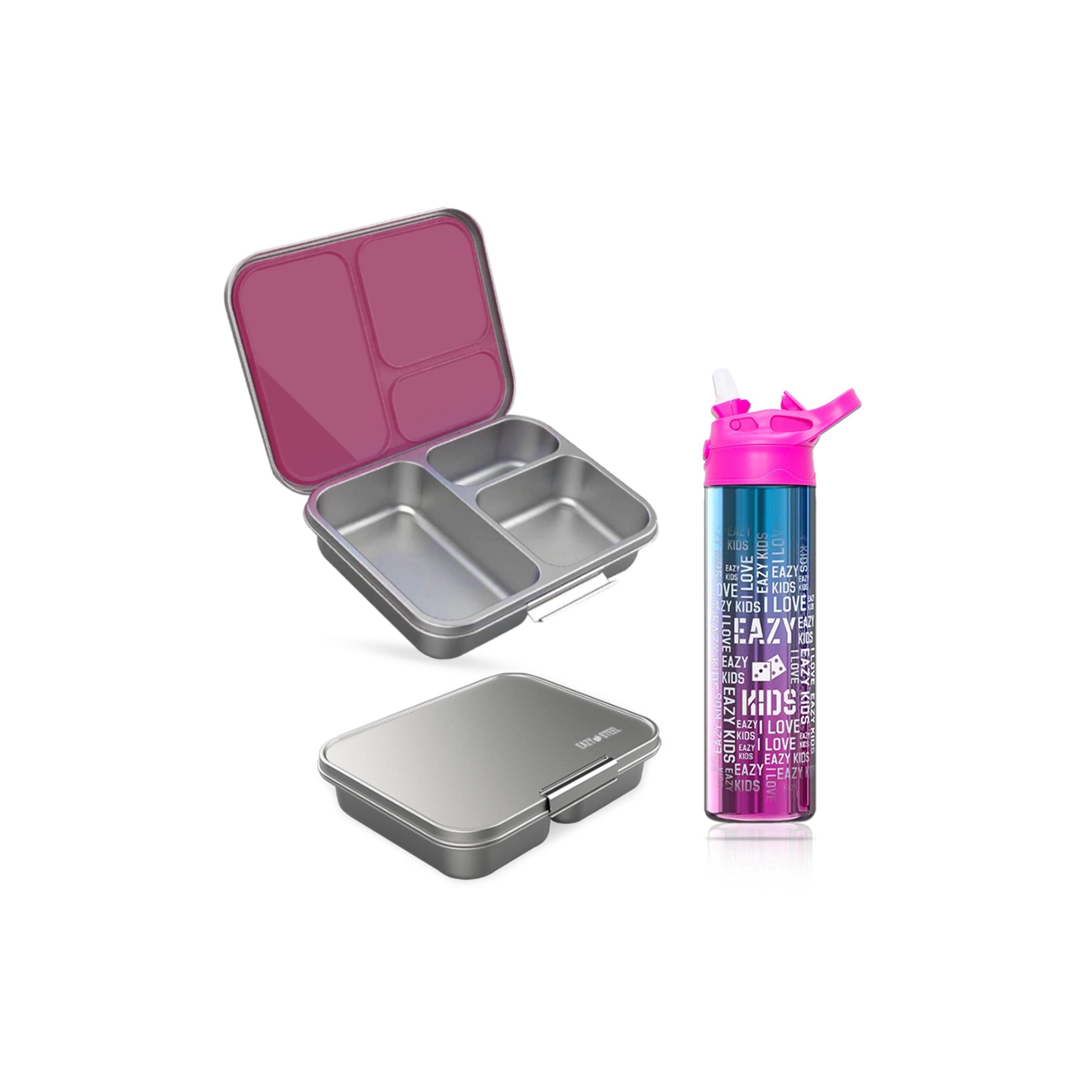 صندوق غداء بينتو من الستانلس ستيل 3 أقسام مع زجاجة ماء من إيزي كيدز - 530 مل-school-lunchessentials-lunchboxes-image-1