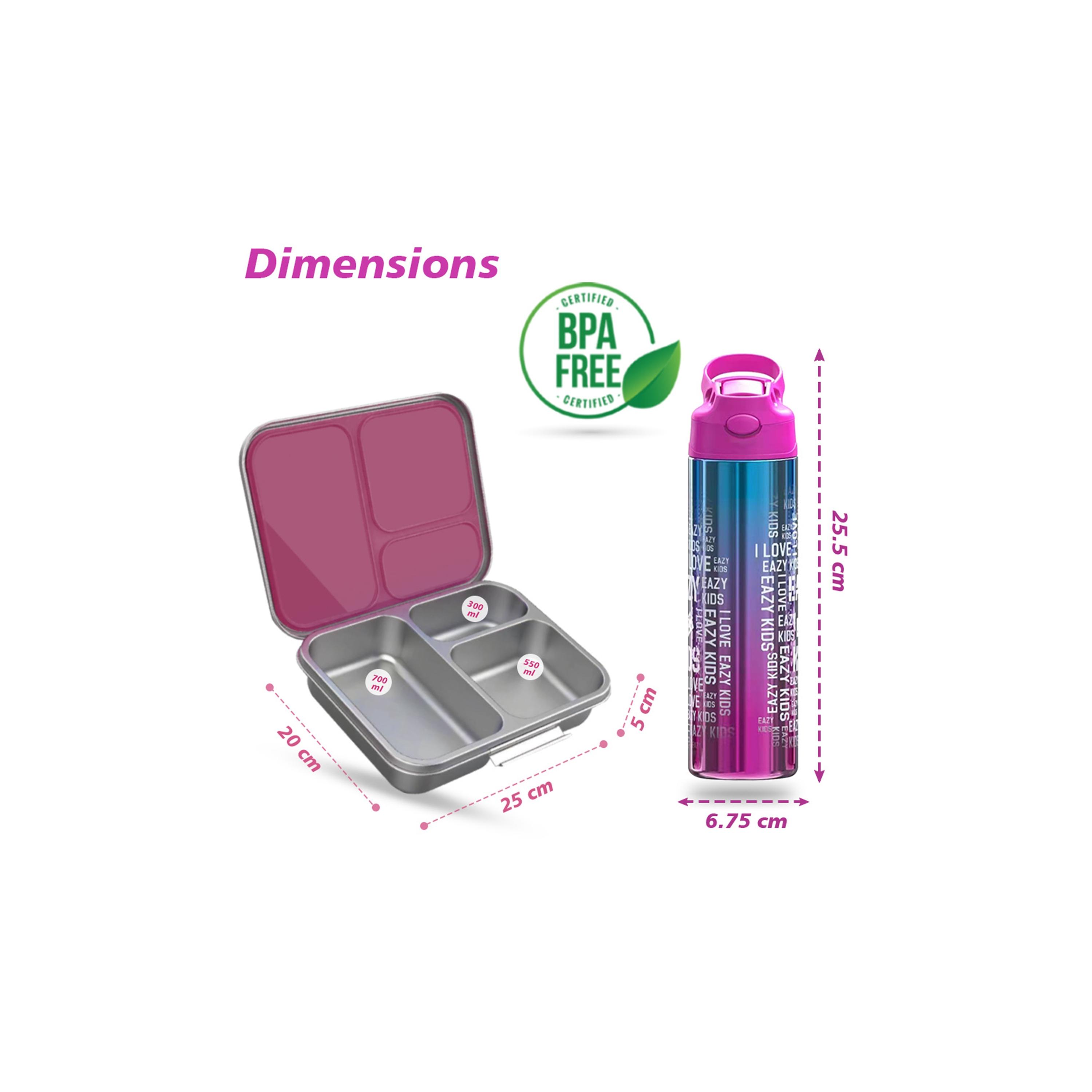 صندوق غداء بينتو من الستانلس ستيل 3 أقسام مع زجاجة ماء من إيزي كيدز - 530 مل-school-lunchessentials-lunchboxes-image-5